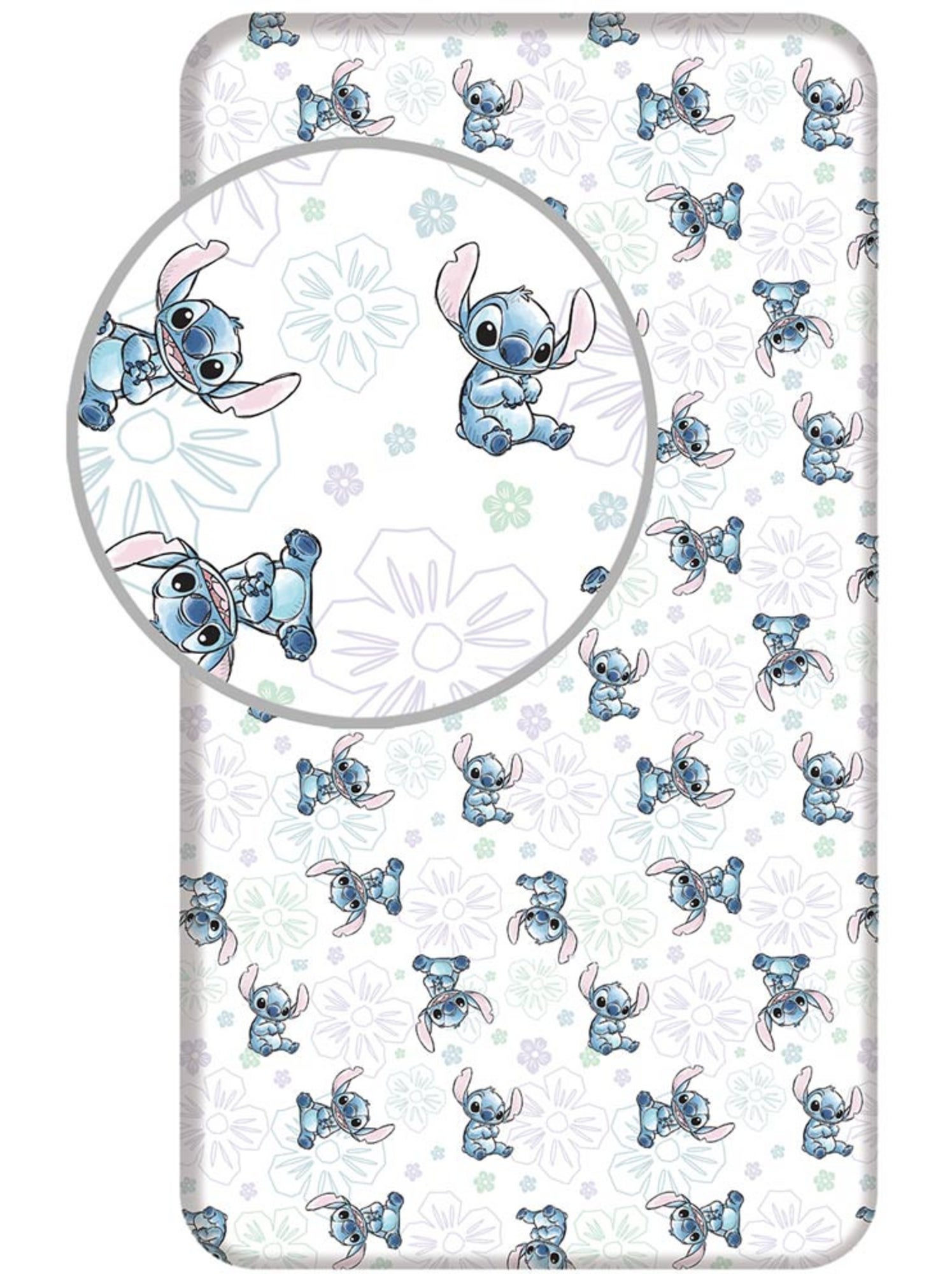 Drap housse 90 cm x 200 cm 100% coton imprimé lilo & stitch jerry fabrics - Bleu Rose clair Gris