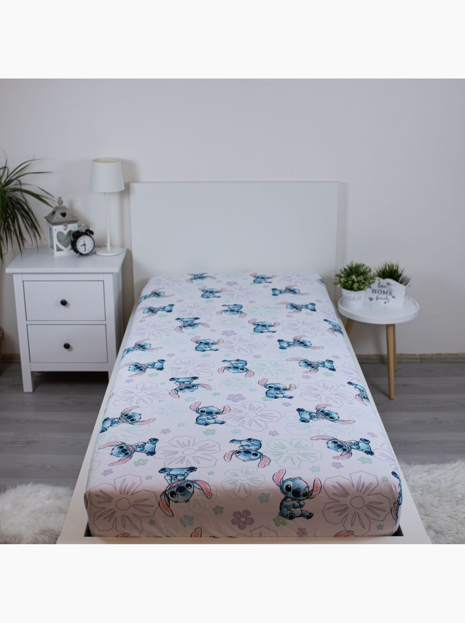 Drap housse 90 cm x 200 cm 100% coton imprimé lilo & stitch jerry fabrics - Bleu Rose clair Gris