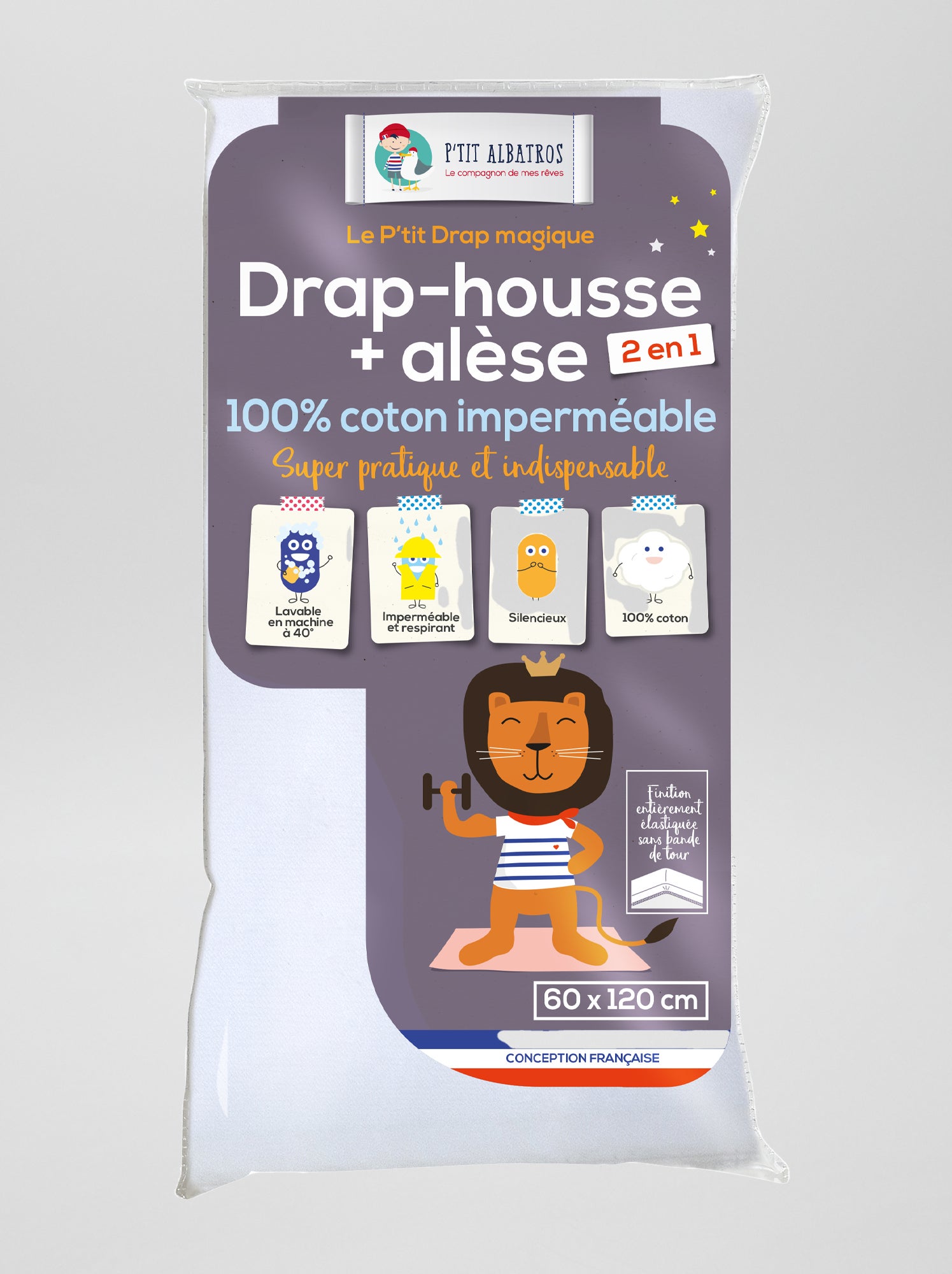 Drap housse + alèse 2 en 1 'P'tit Albatros' - blanc