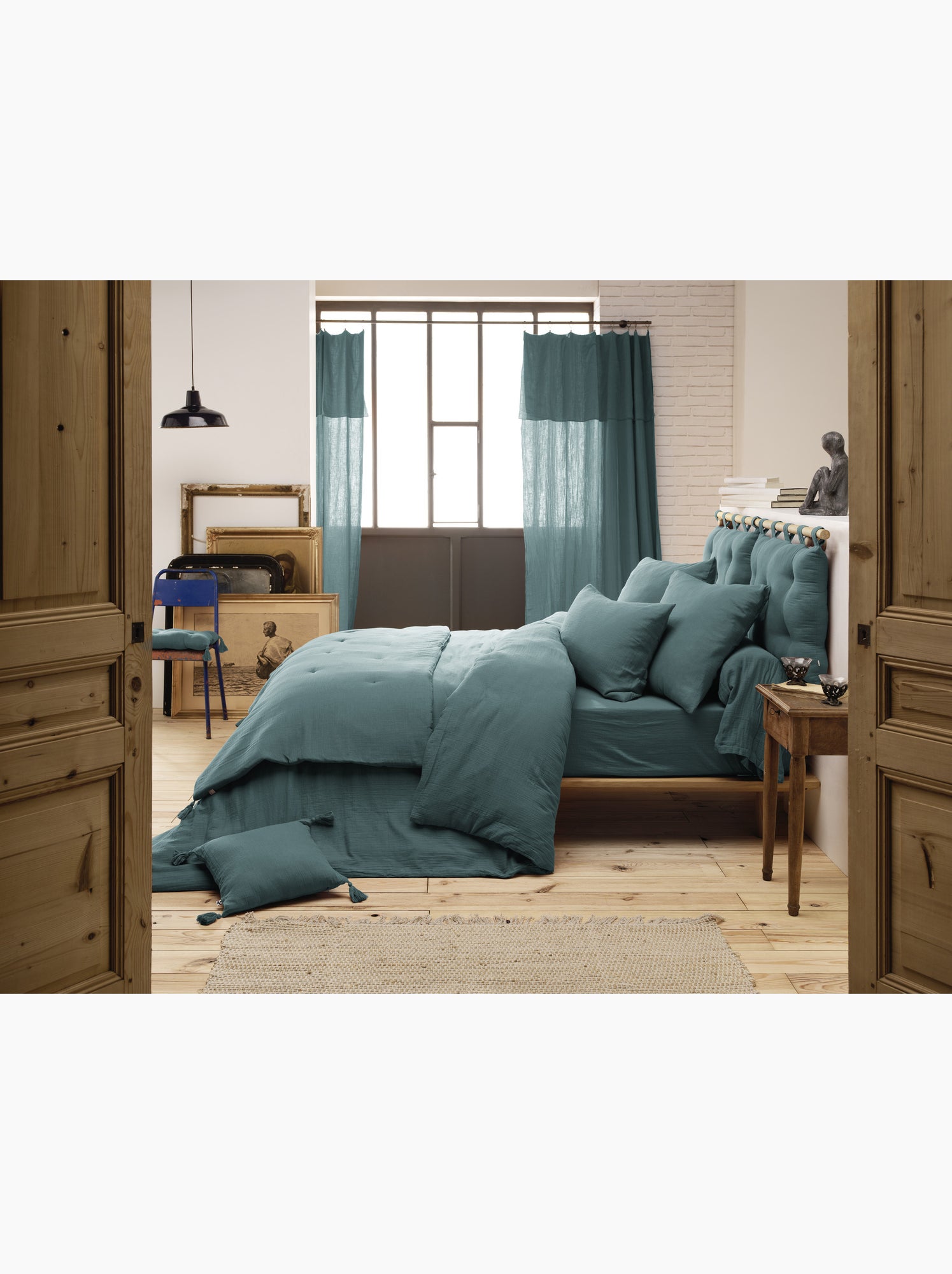 Drap-housse – double gaze de coton 125 g/m² – bonnet 30 cm - gaïa - Bleu canard