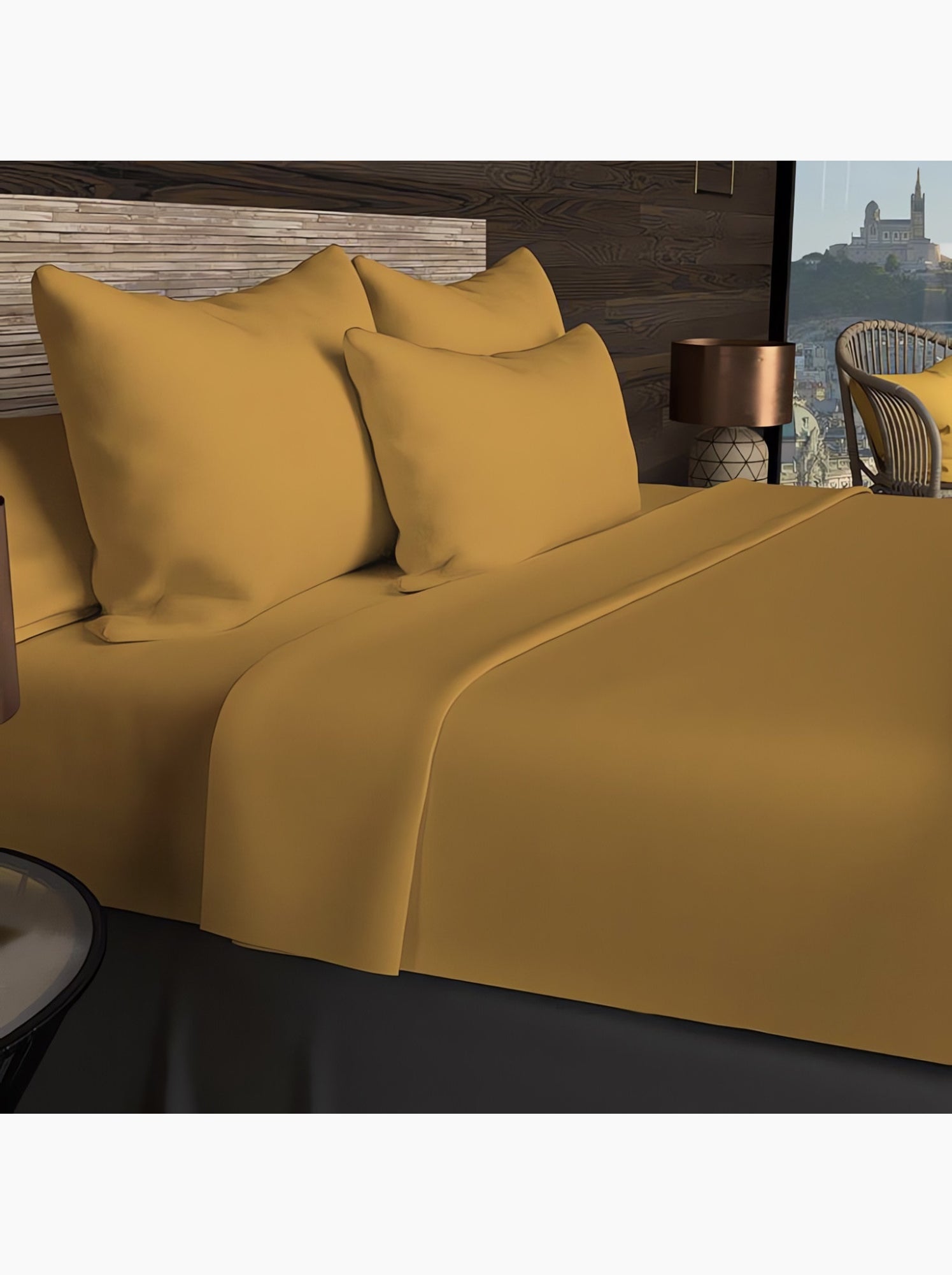 Drap housse en coton 57 fils uni, par soleil d'ocre - Jaune