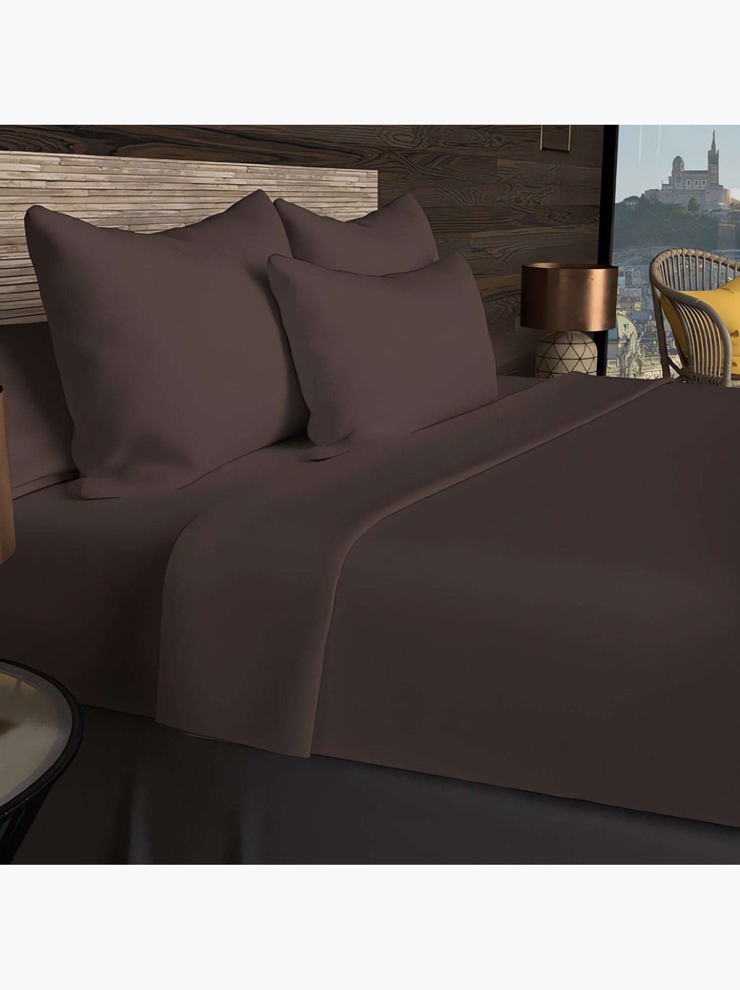 Drap housse en coton 57 fils uni, par soleil d'ocre - Marron