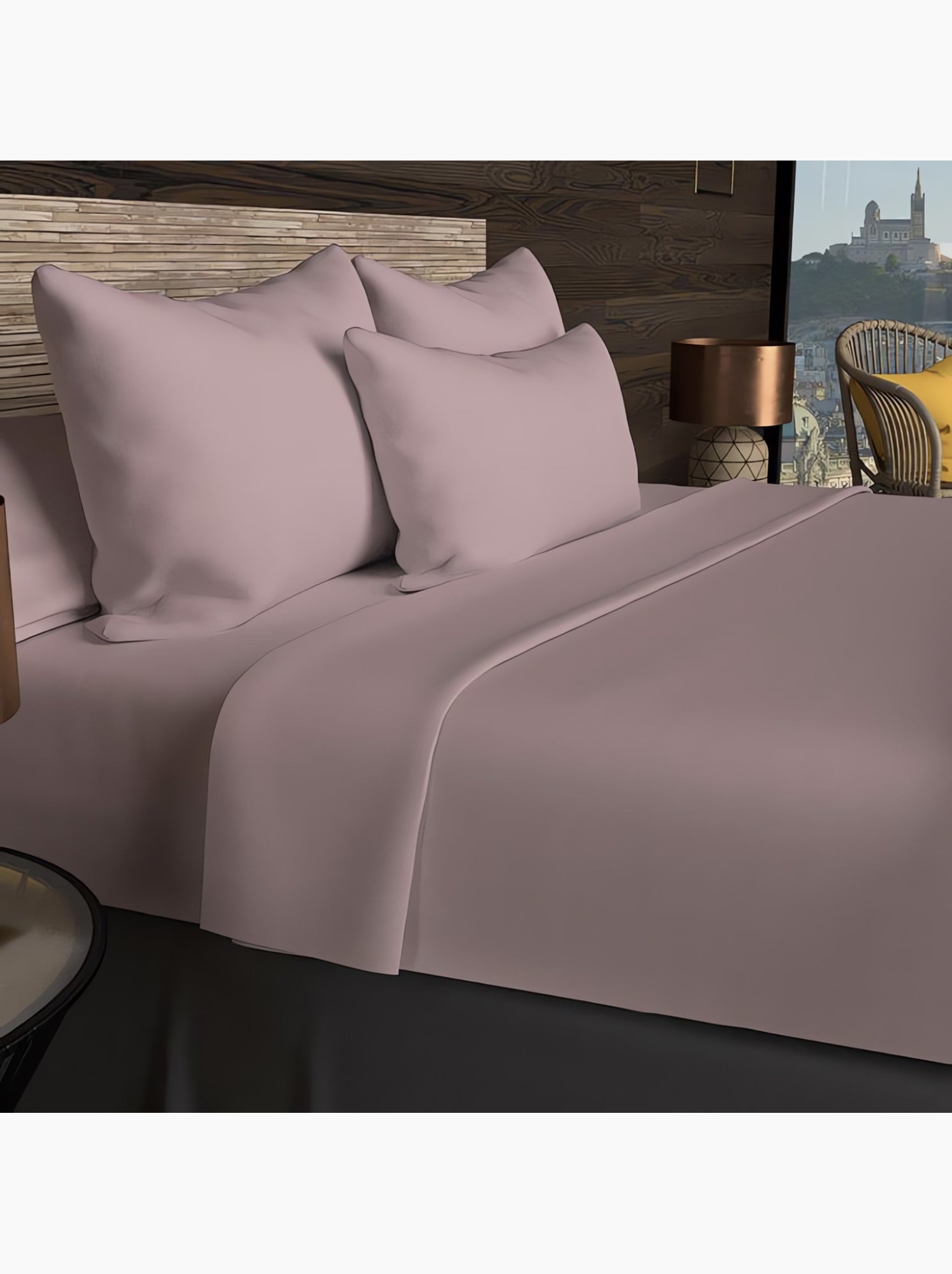 Drap housse en coton 57 fils uni, par soleil d'ocre - Rose