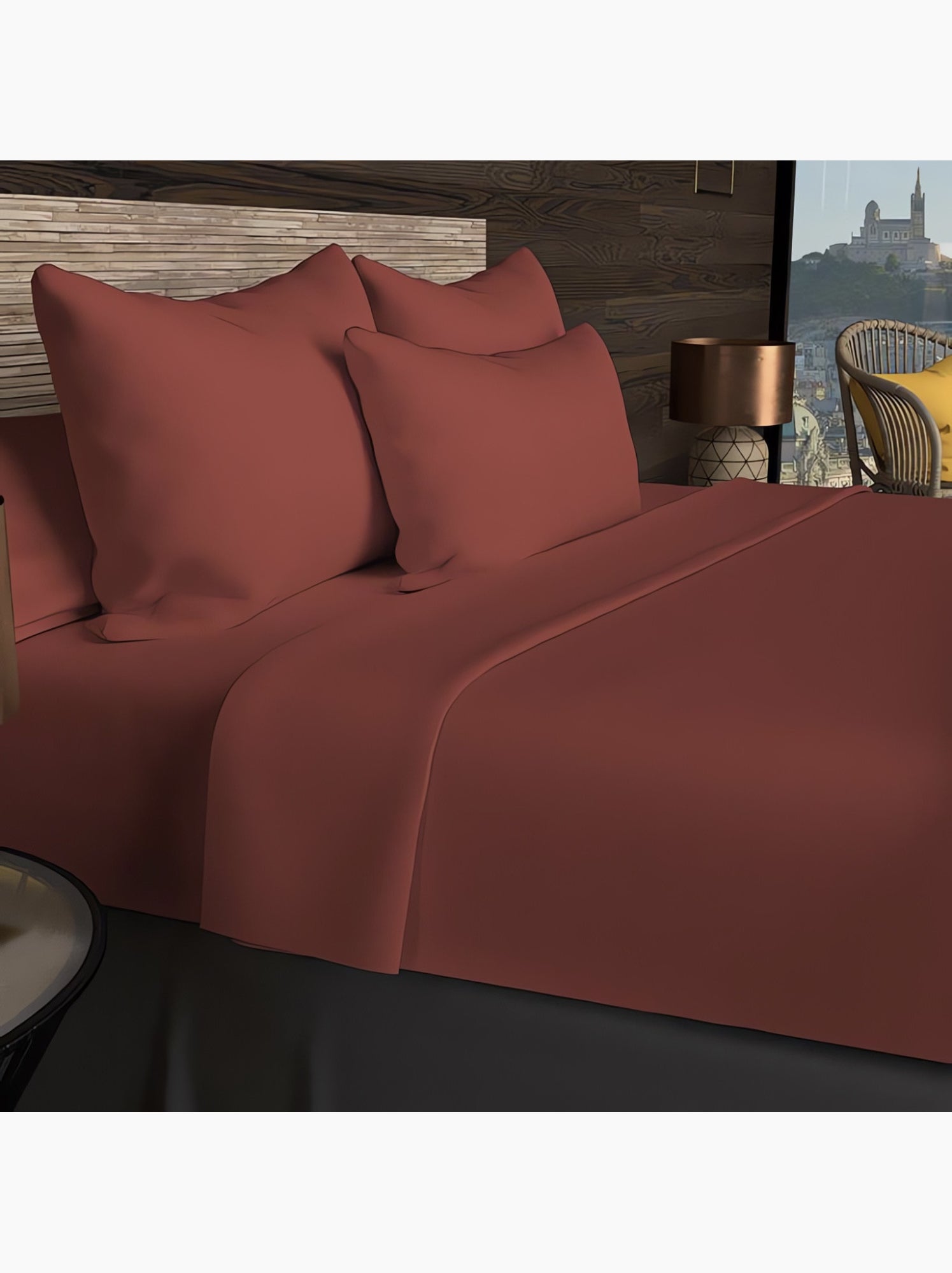 Drap housse en coton 57 fils uni, par soleil d'ocre - Rouge brique