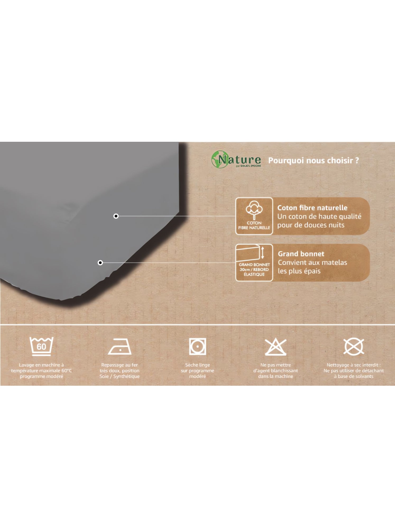 Drap housse en coton percale, par soleil d'ocre - gris anthracite