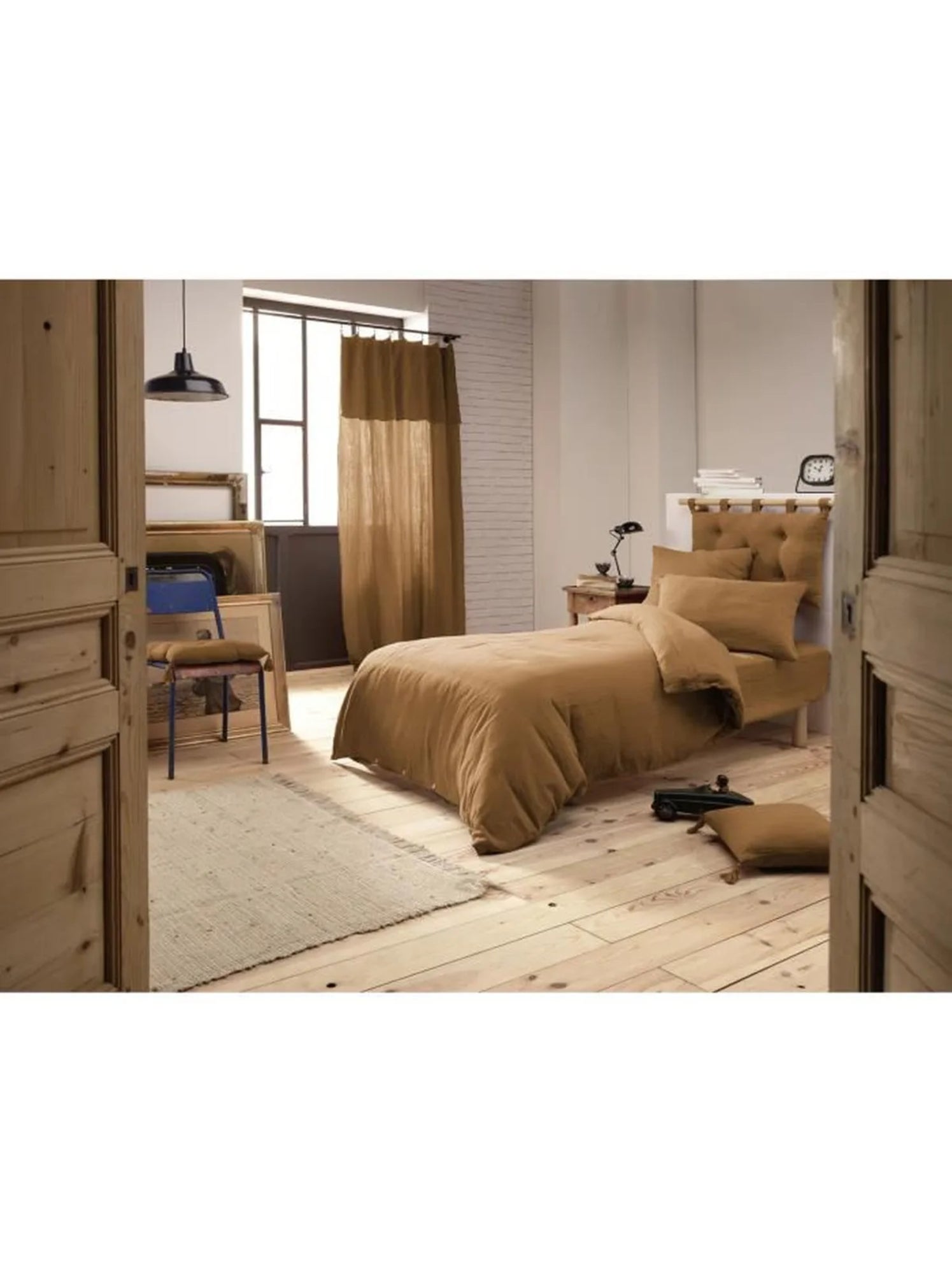 Drap housse gaze de coton 90 x 190 cm Gaia bleu marine - Camel