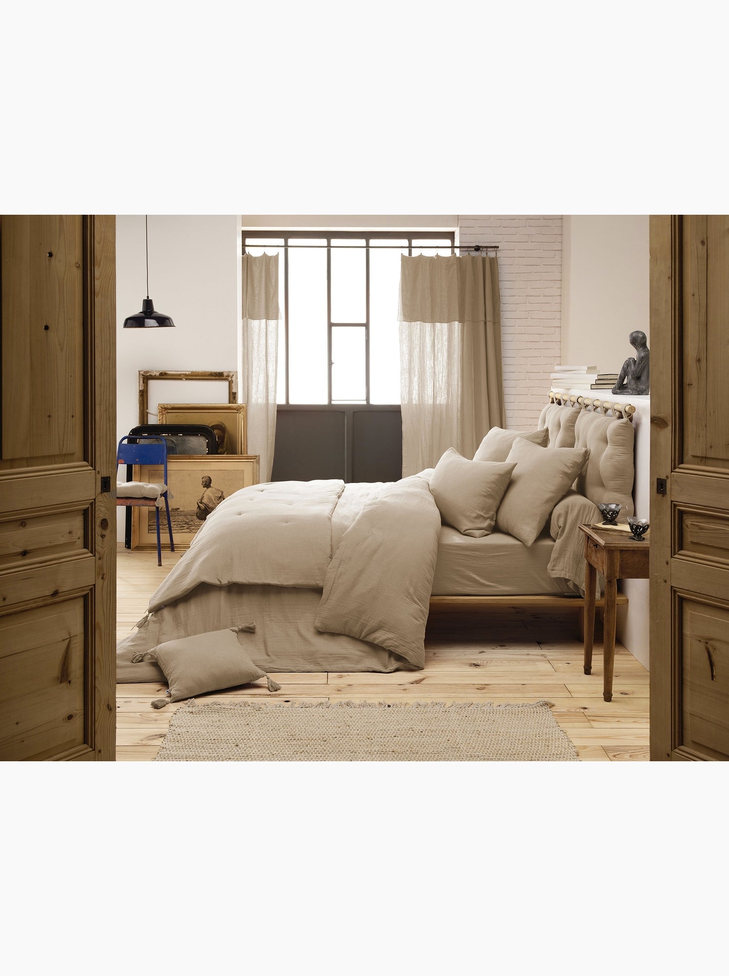 Drap housse gaze de coton 90 x 190 cm Gaia bleu marine - Gris clair