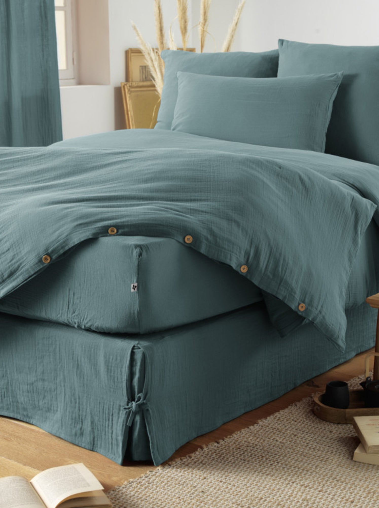 Drap housse - L'effet papillon - 100% gaze de coton 125 gr/m² - Bleu canard