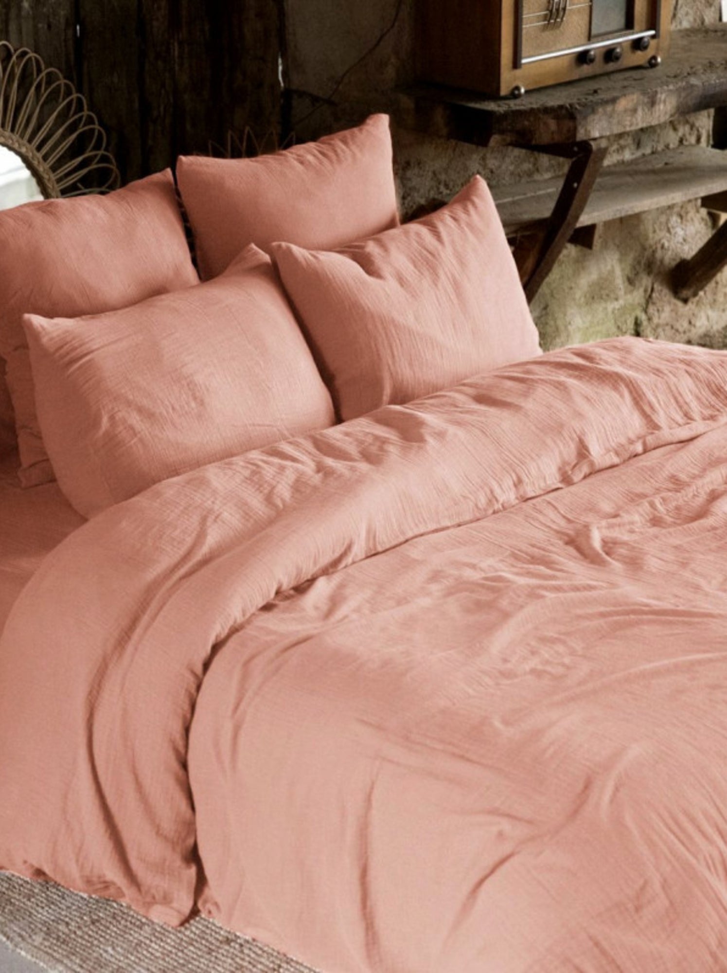 Drap housse - L'effet papillon - 100% gaze de coton 125 gr/m² - Peche