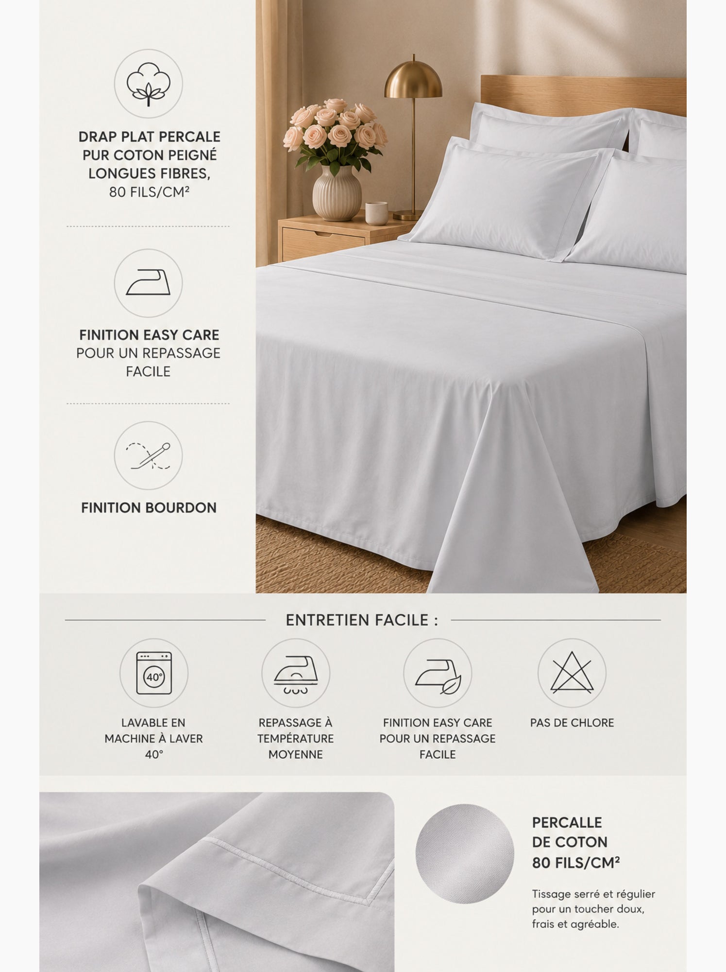 Drap plat percale – pur coton peigné longues fibres 80 fils/cm² - Gris perle