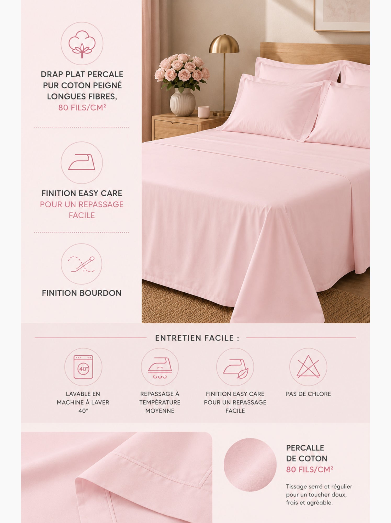 Drap plat percale – pur coton peigné longues fibres 80 fils/cm² - Rose