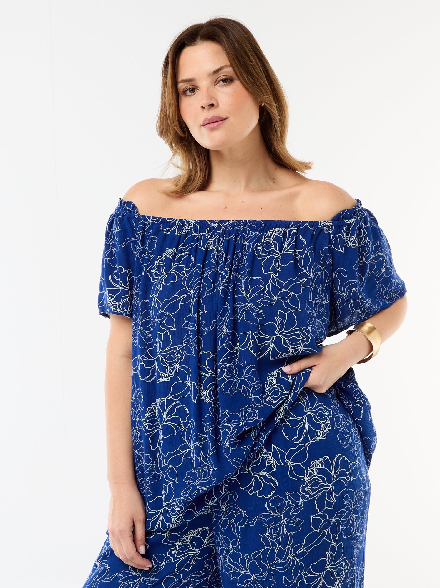 Blouse fluide crêpée à manches courtes - Bleu (FFB55_3)