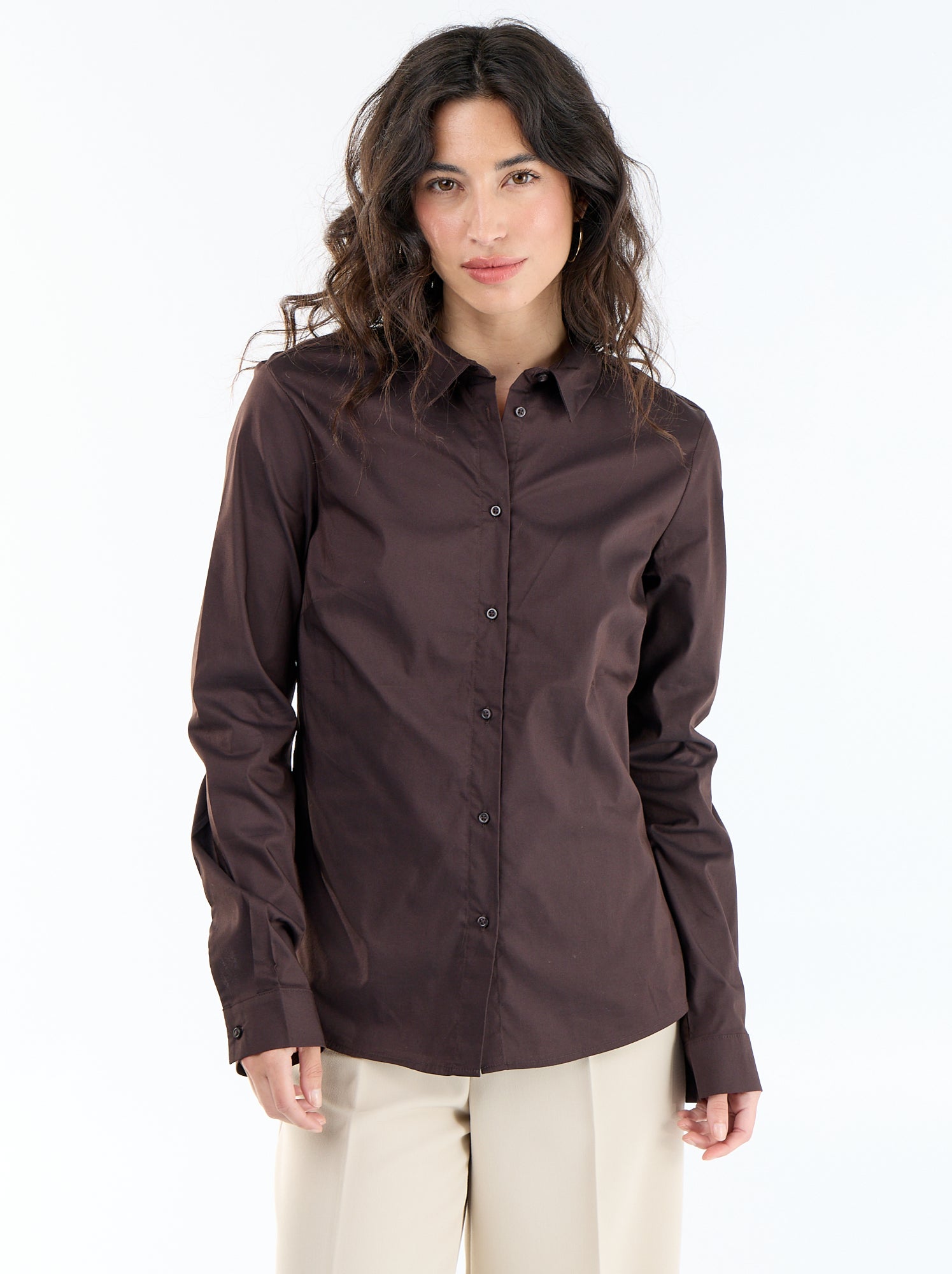 Chemise fittée col italien - Marron