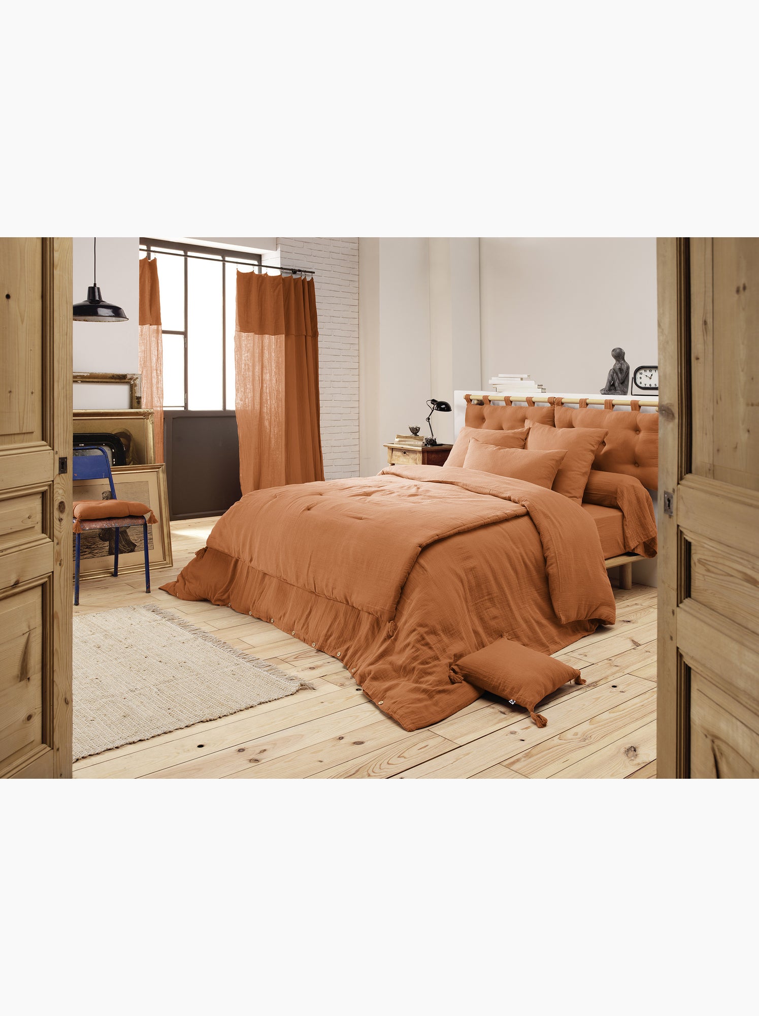 Bout de lit – double gaze de coton unie - finition pompon - gaïa - Abricot