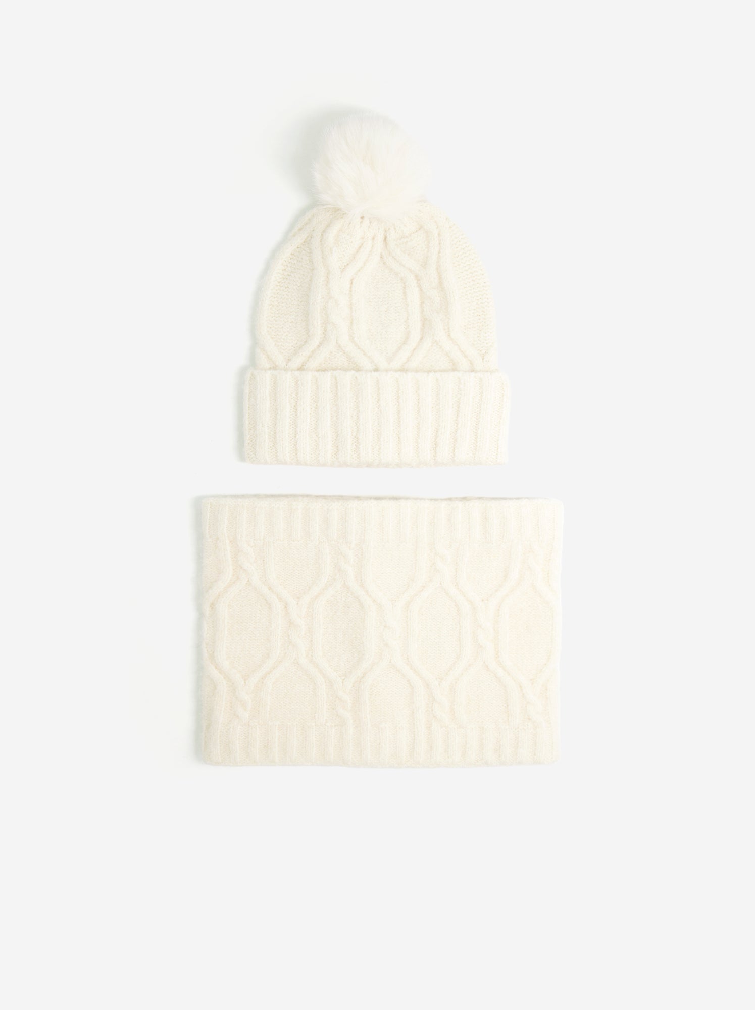 Ensemble 2 pièces - Bonnet à pompon + tour de cou - Beige