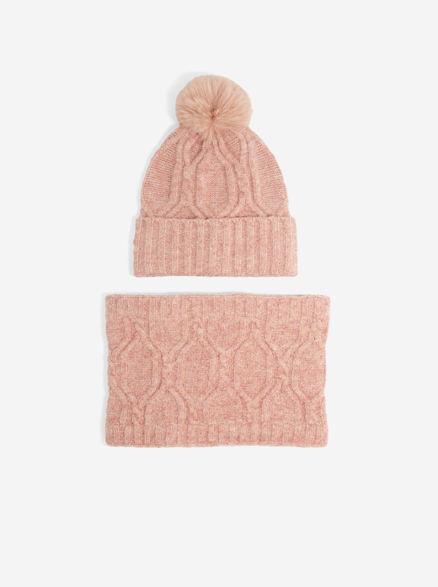 Ensemble 2 pièces - Bonnet à pompon + tour de cou - Rose
