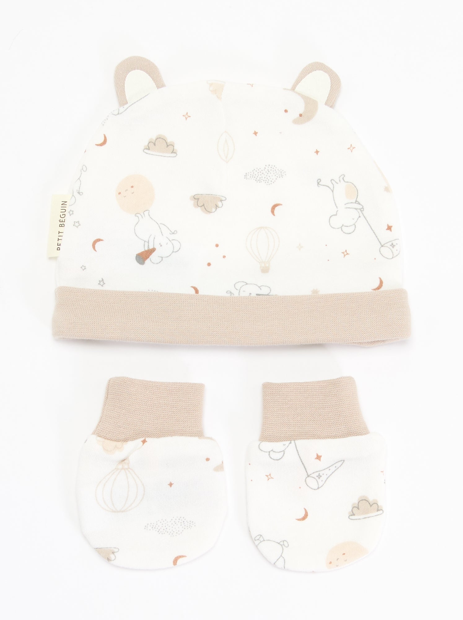 Ensemble 2 pièces -  bonnet et paire de moufles 'Petit Béguin' - Beige