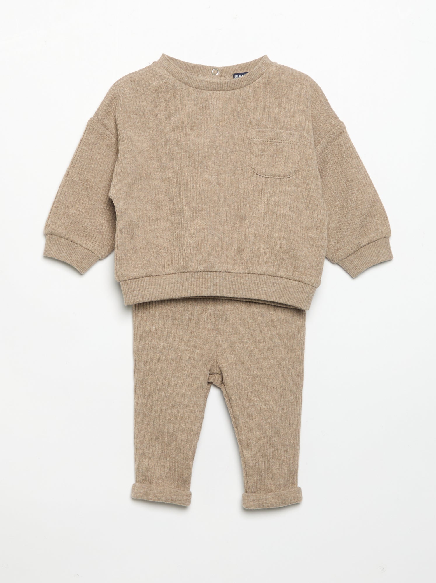 Ensemble 2 pièces en maille côtelée - Sweat + pantalon - Beige