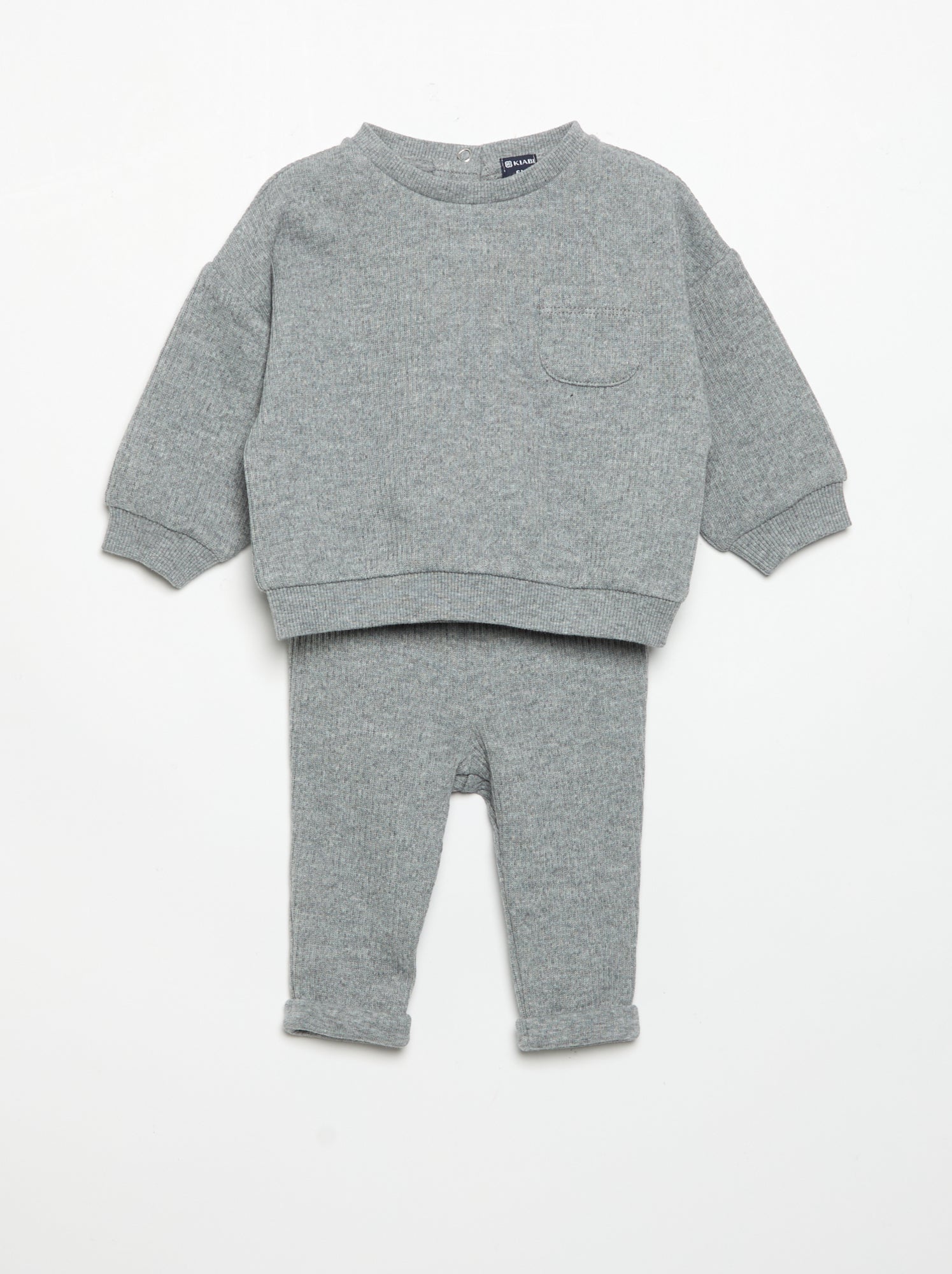 Ensemble 2 pièces en maille côtelée - Sweat + pantalon - Gris