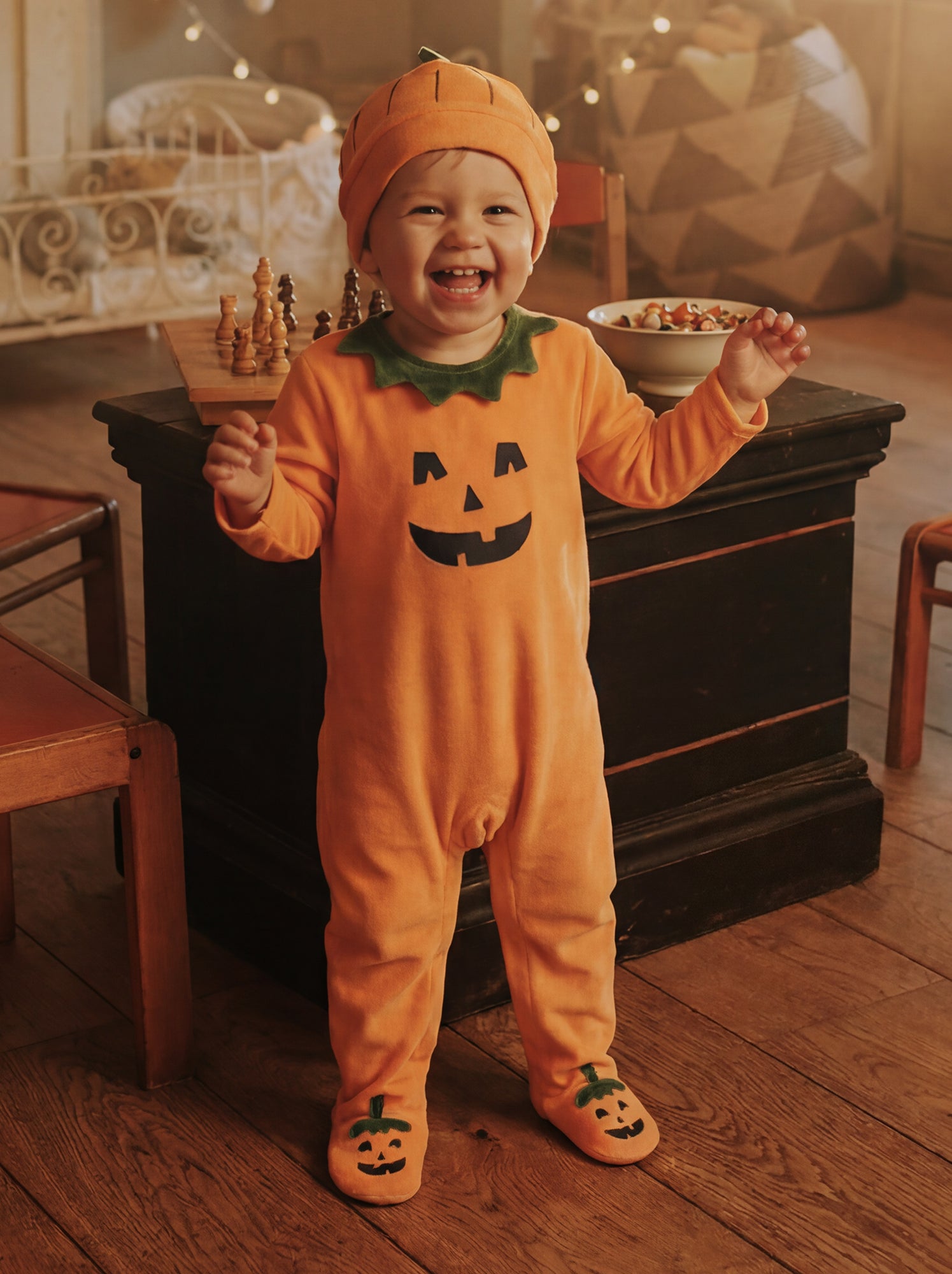 Ensemble 2 pièces en velours 'Halloween'  - pyjama dors bien + bonnet - Orange