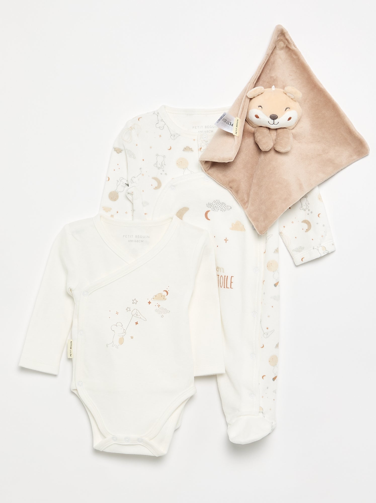 Ensemble 3 pièces 'Petit Béguin' - Body + pyjama + doudou - Beige
