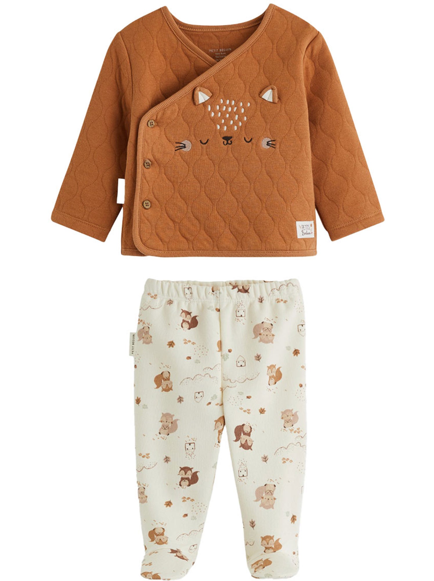 Ensemble bébé gilet croisé et pantalon avec pieds en molleton caramel - Ecru