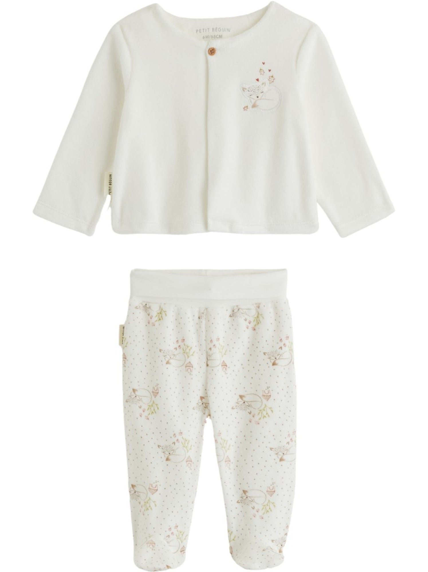 Ensemble bébé gilet et pantalon avec pieds en velours doucette - Ecru