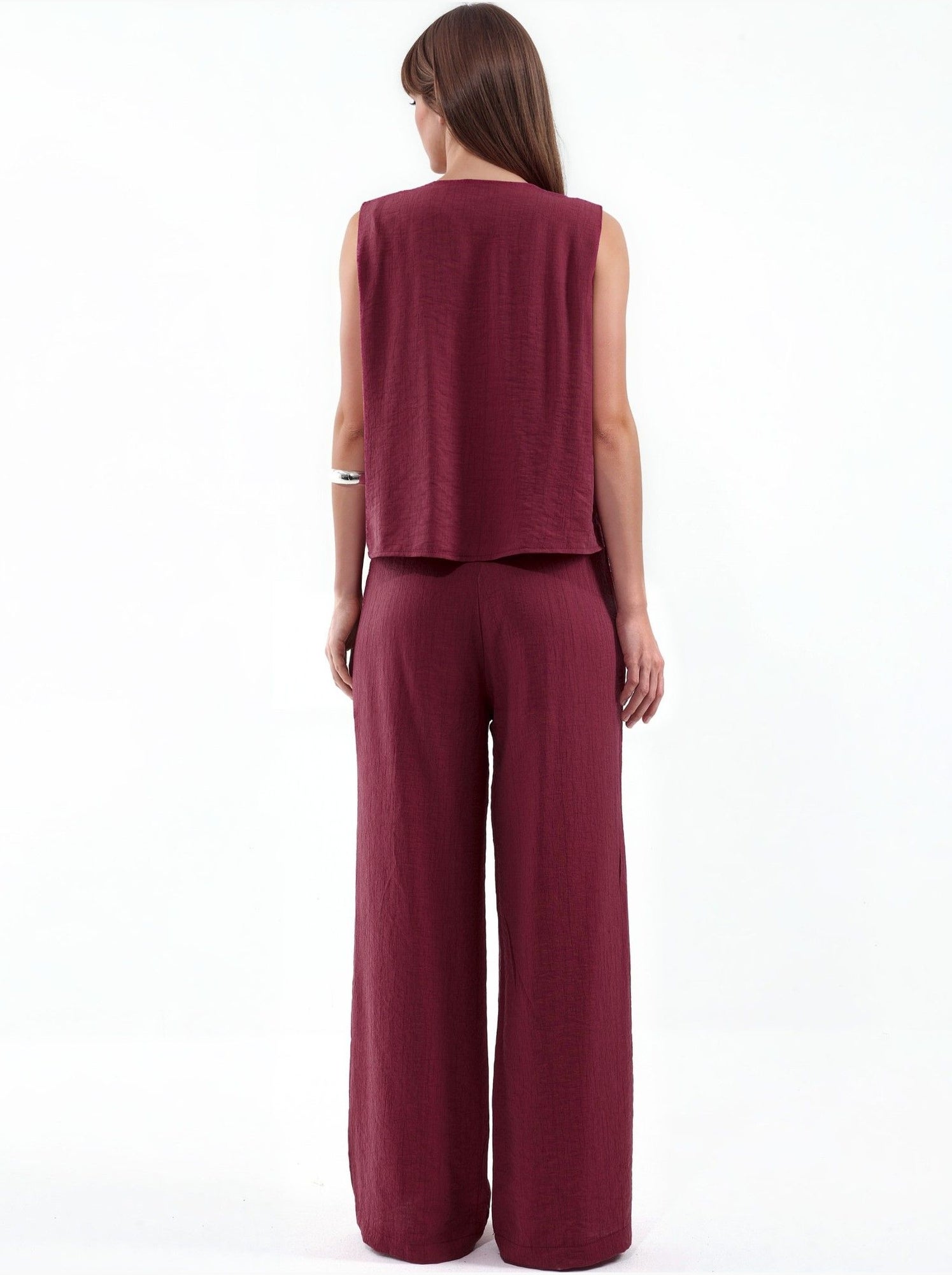 Ensemble blouse en mélange de viscose avec détail à nouer et pantalon à taille élastique - Rouge grenat