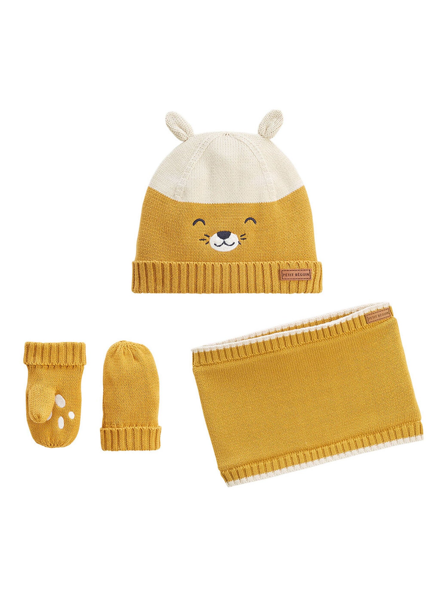 Ensemble bonnet, moufles et cache-cou enfant en tricot charly - Moutarde