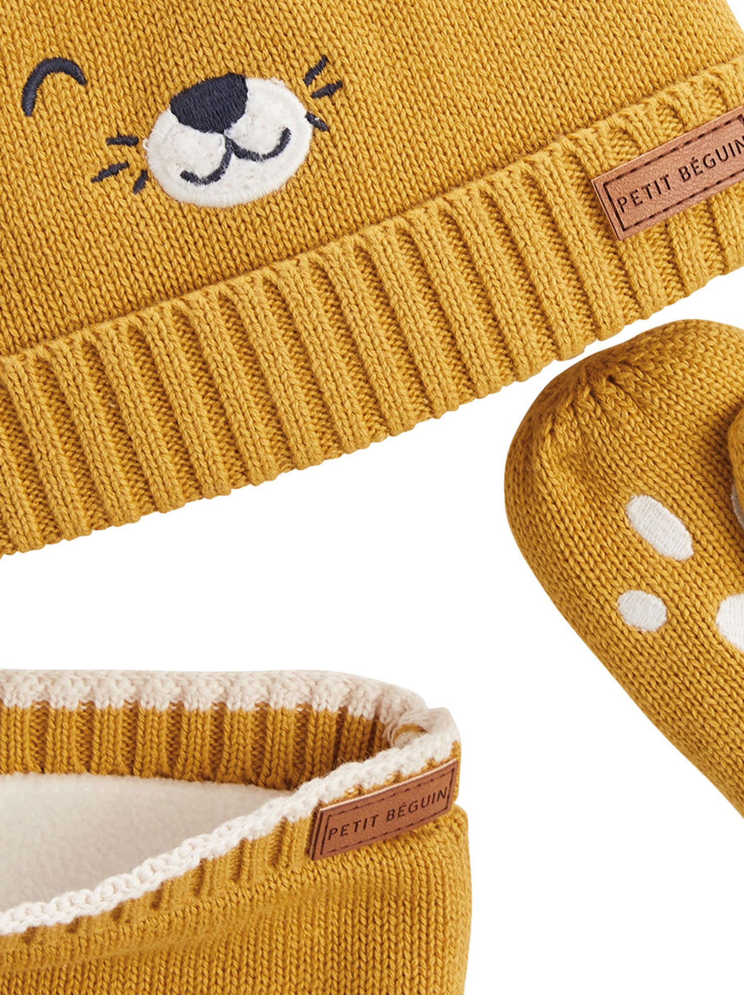 Ensemble bonnet, moufles et cache-cou enfant en tricot charly - Moutarde