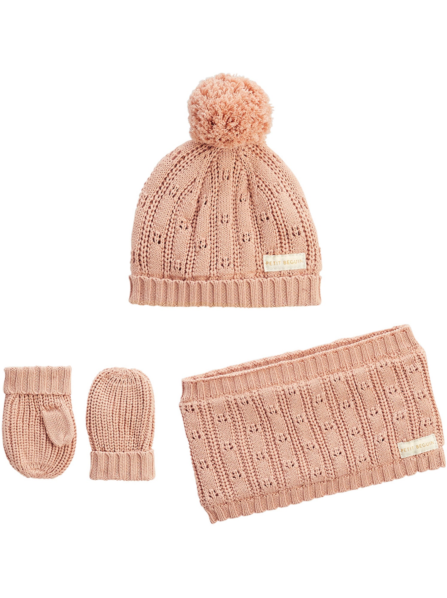 Ensemble bonnet, moufles et cache-cou enfant en tricot esmée - Rose