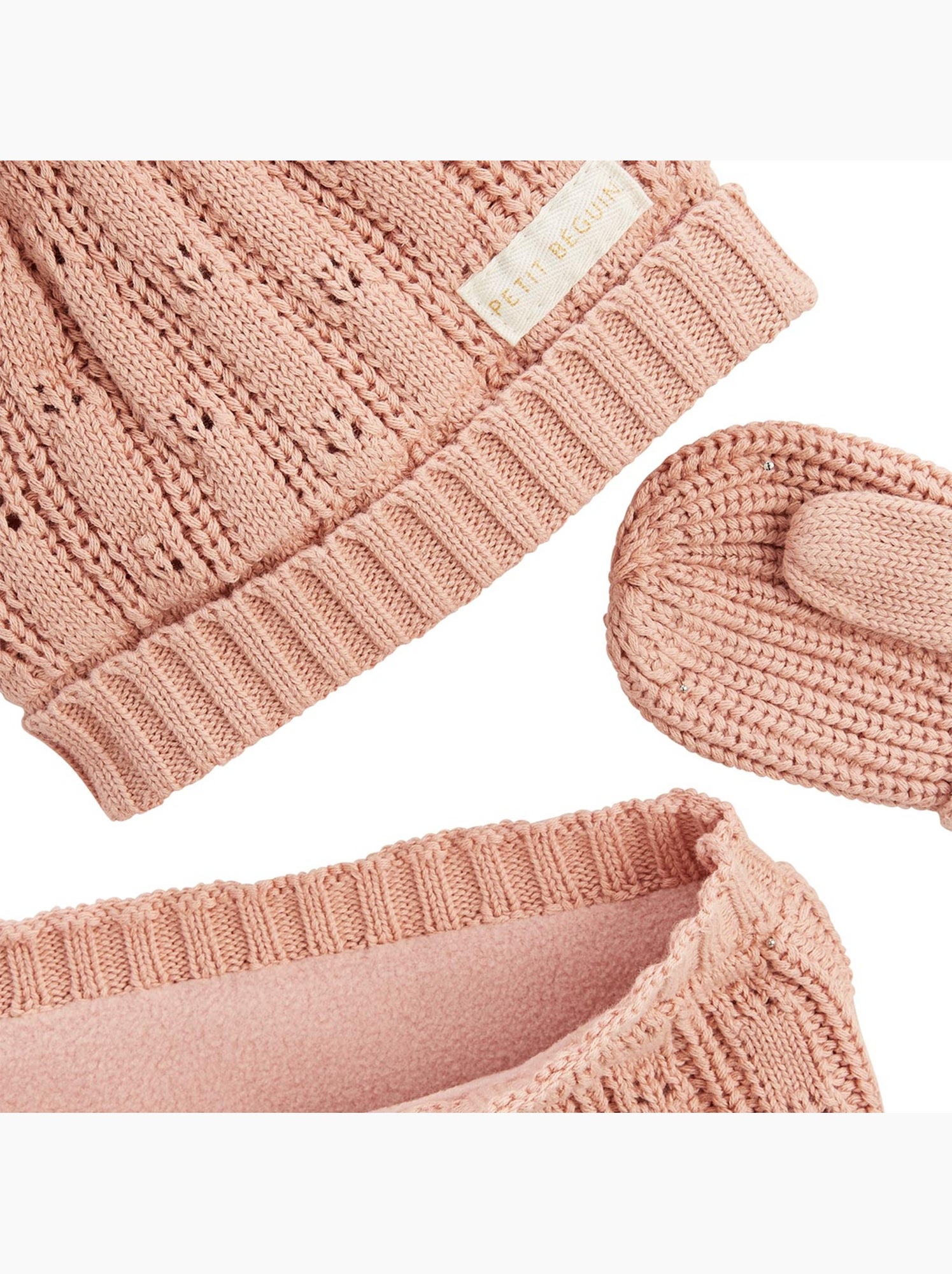 Ensemble bonnet, moufles et cache-cou enfant en tricot esmée - Rose
