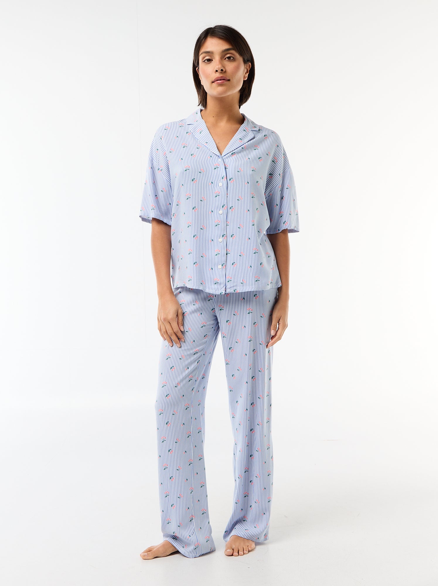 Ensemble chemisier de nuit rayé - Bleu