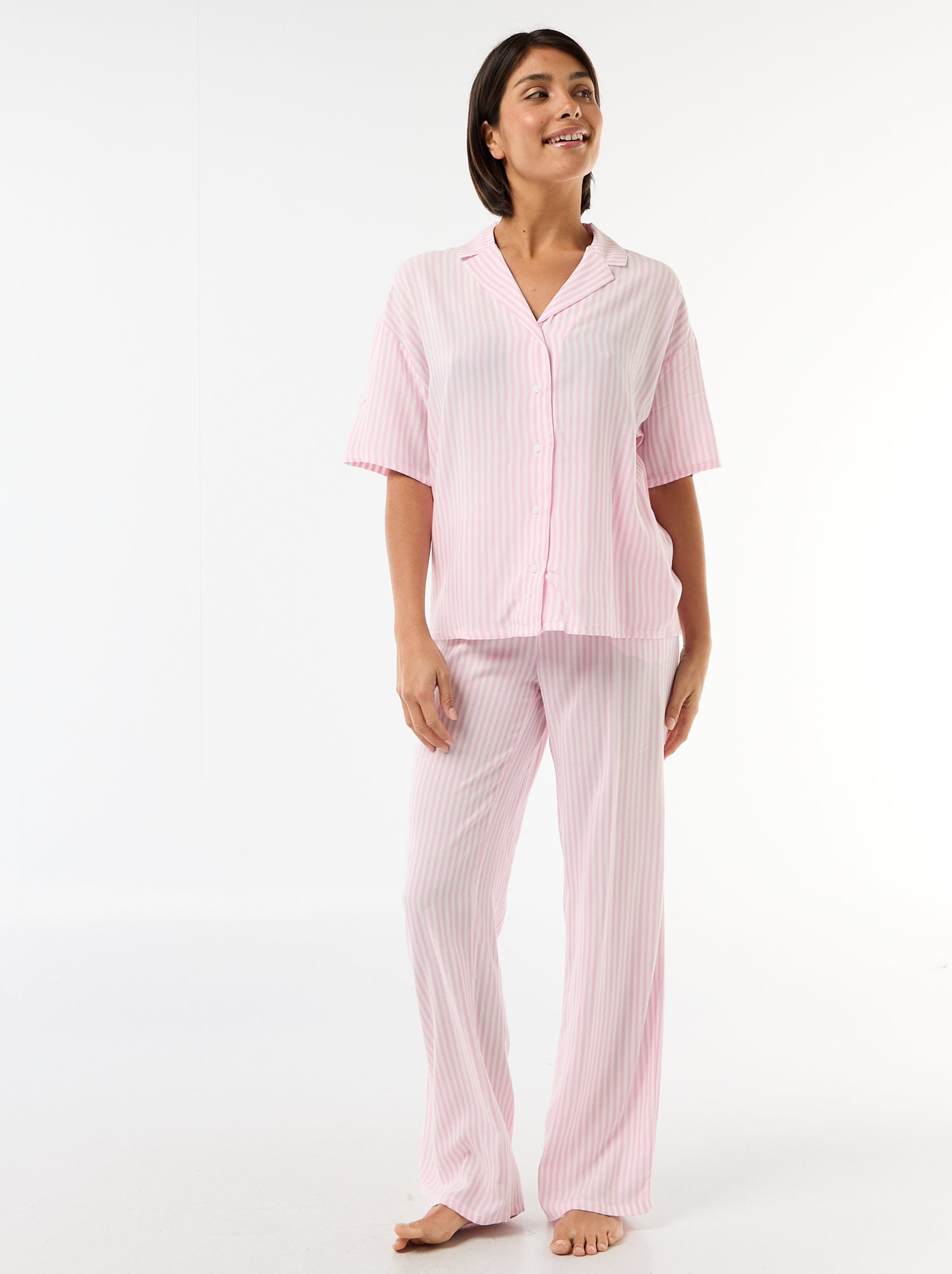 Ensemble chemisier de nuit rayé - Rose