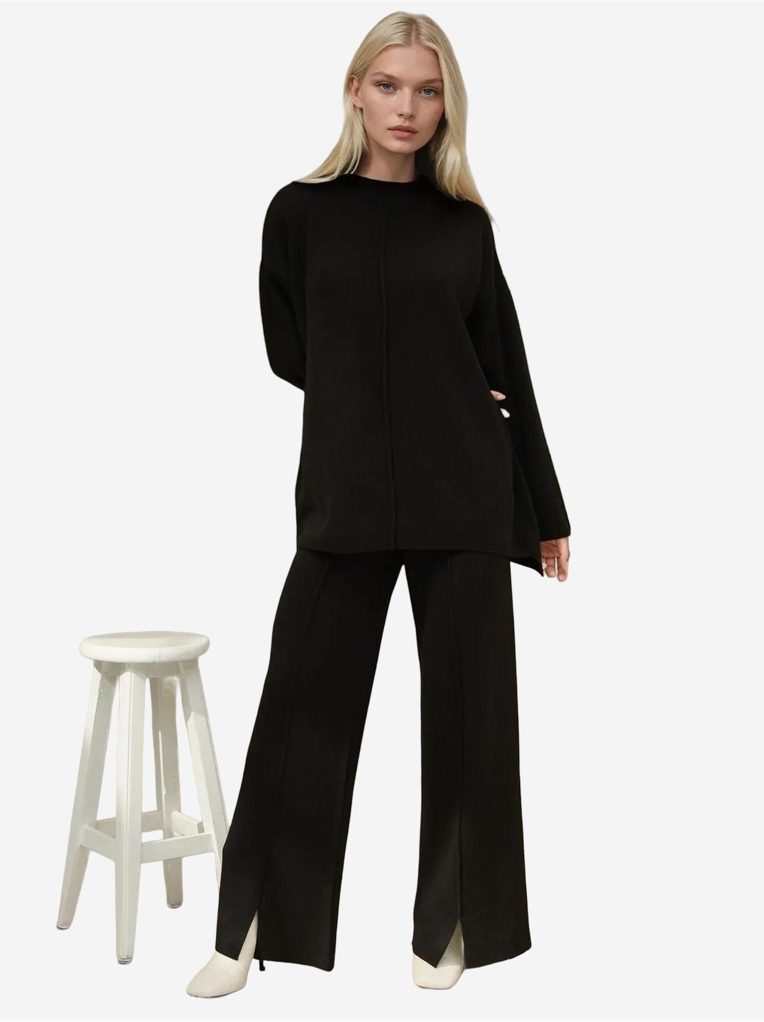 Ensemble coordonné en tricot à taille haute et jambes larges - Noir