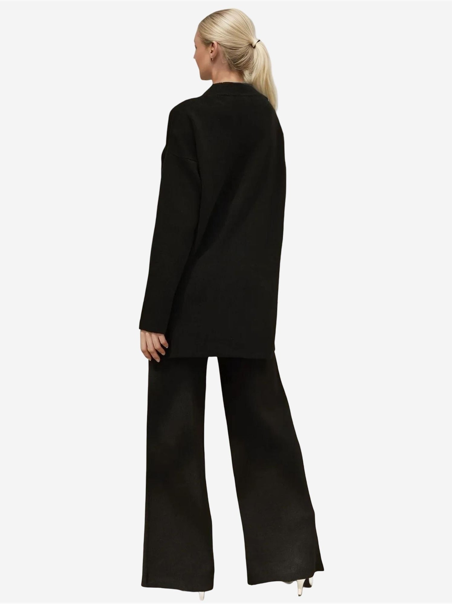 Ensemble coordonné en tricot à taille haute et jambes larges - Noir