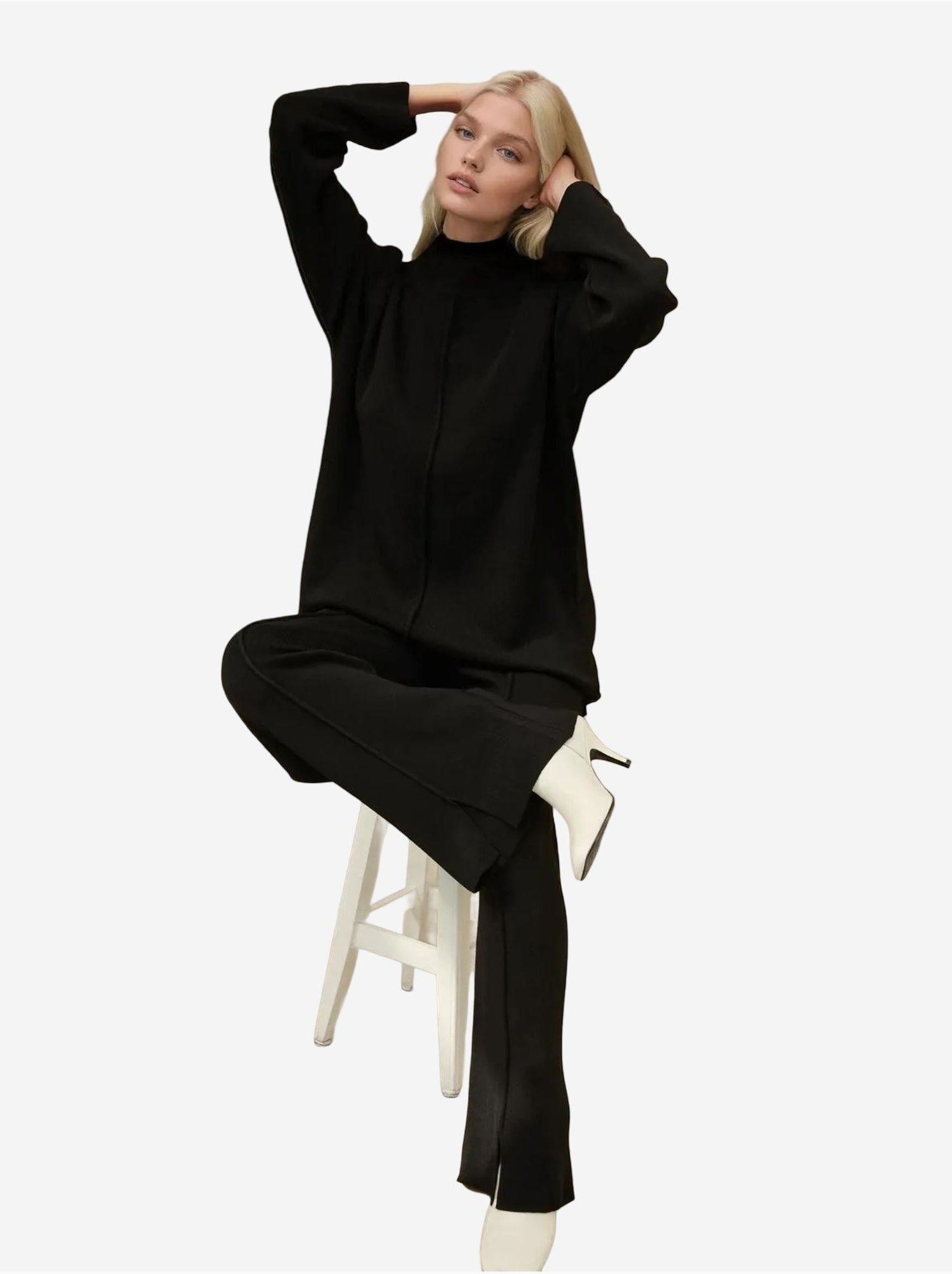 Ensemble coordonné en tricot à taille haute et jambes larges - Noir