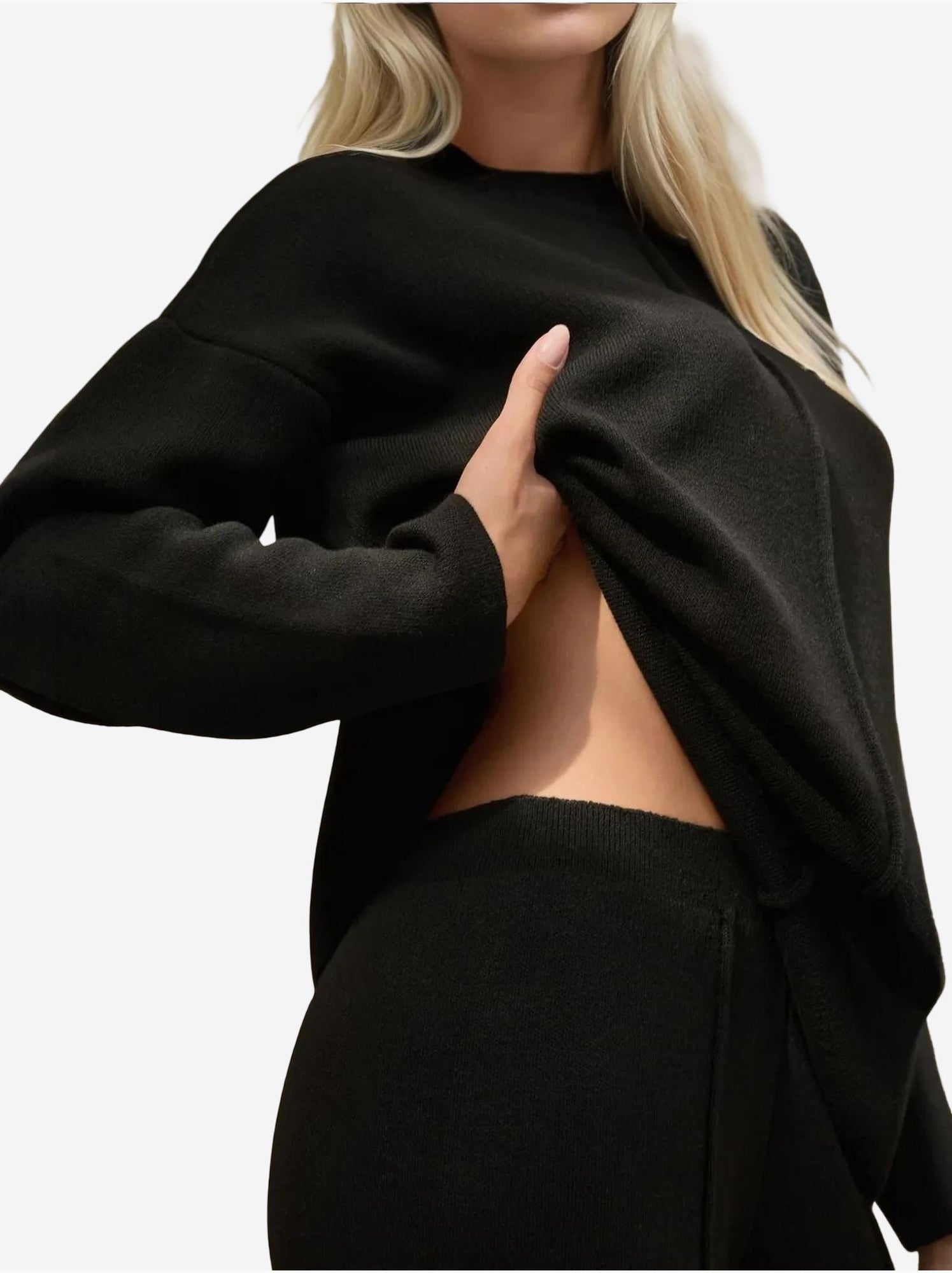 Ensemble coordonné en tricot à taille haute et jambes larges - Noir