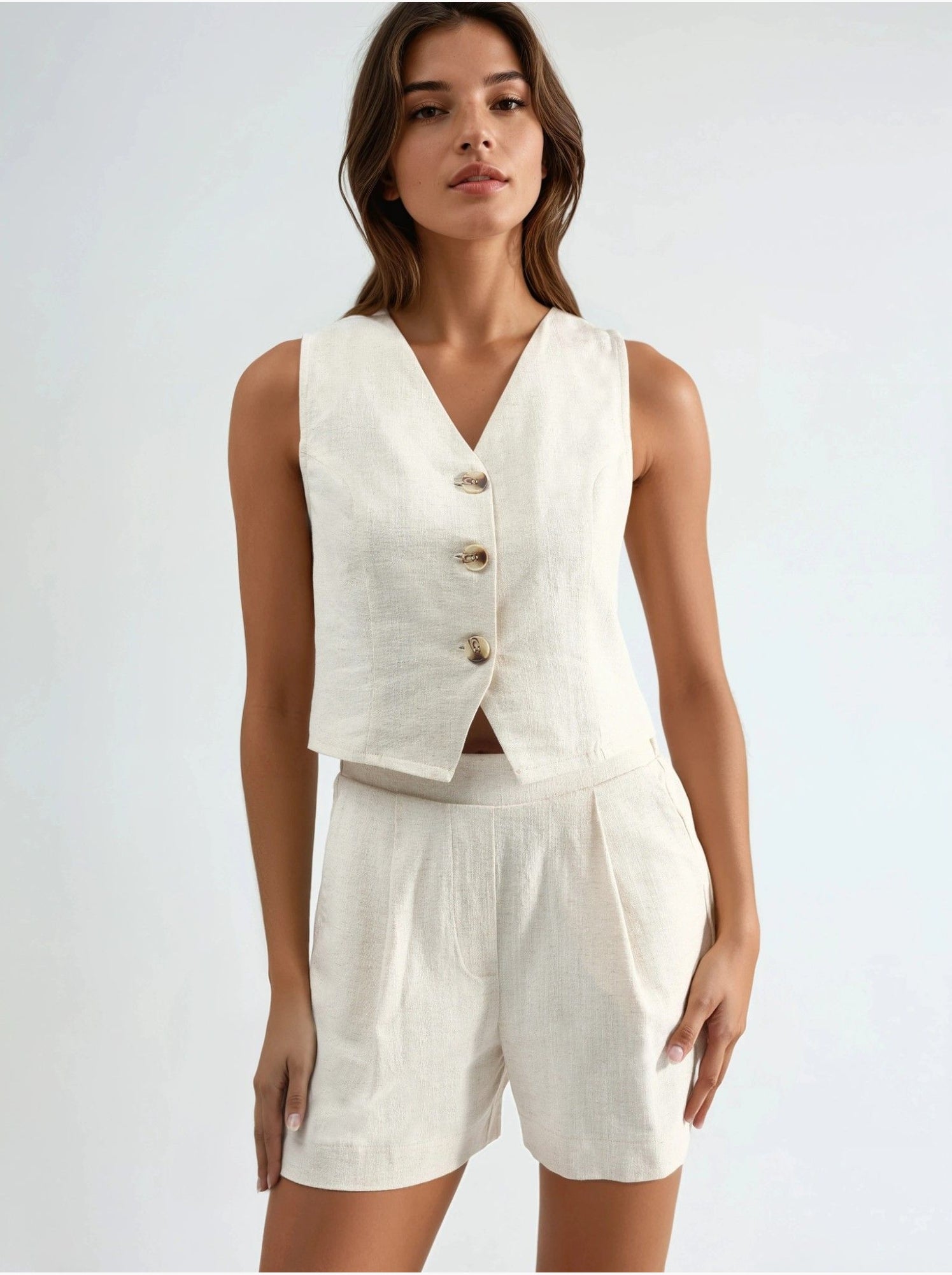 Ensemble deux pièces avec gilet et short en mélange de lin - Ivoire