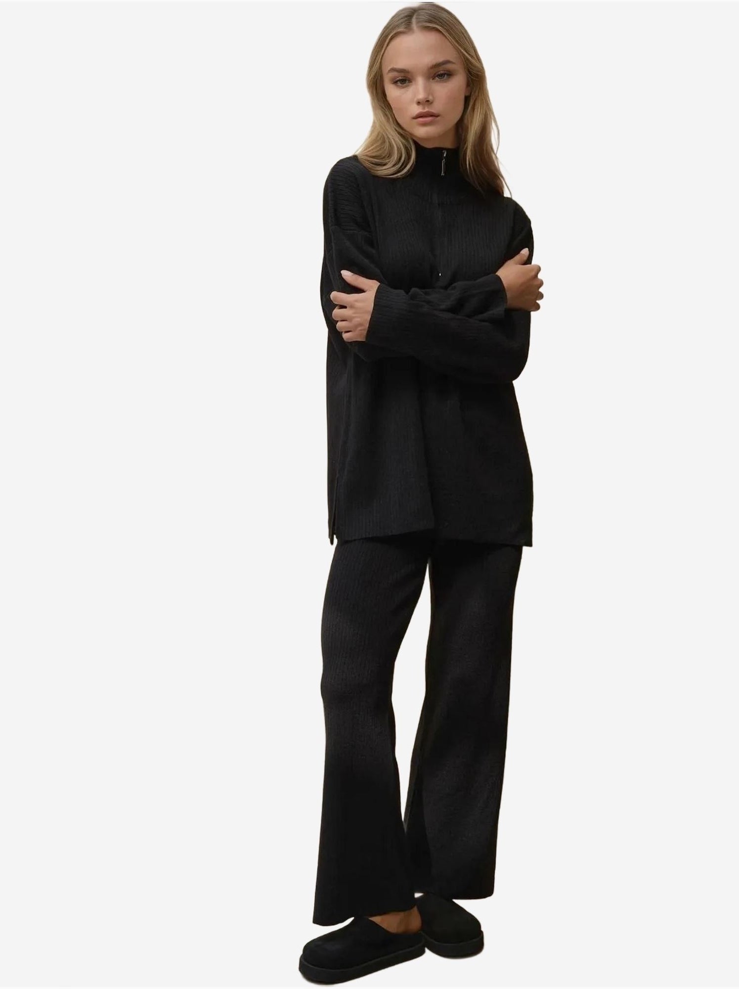 Ensemble en tricot taille haute avec col zippé - Noir