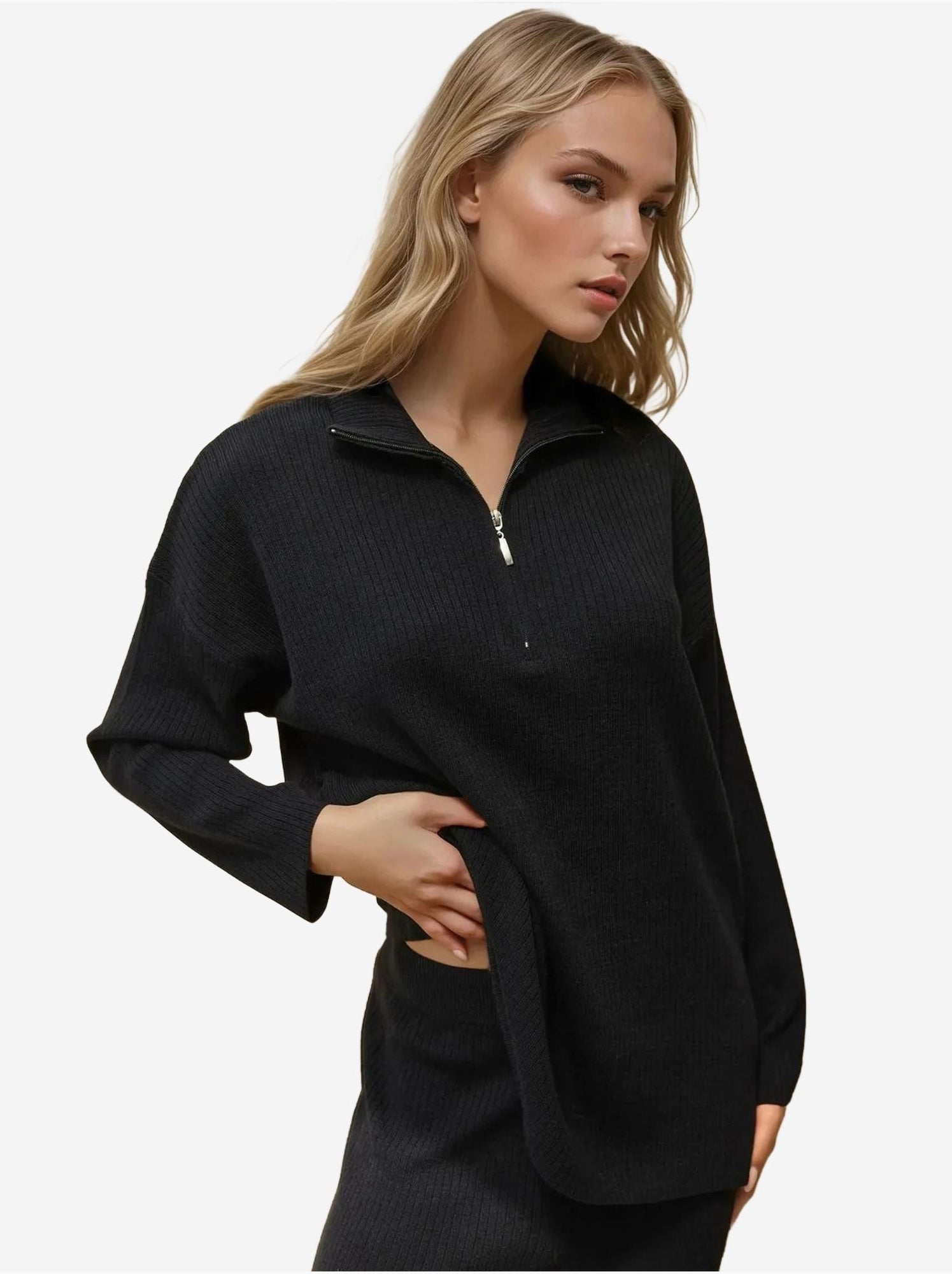 Ensemble en tricot taille haute avec col zippé - Noir