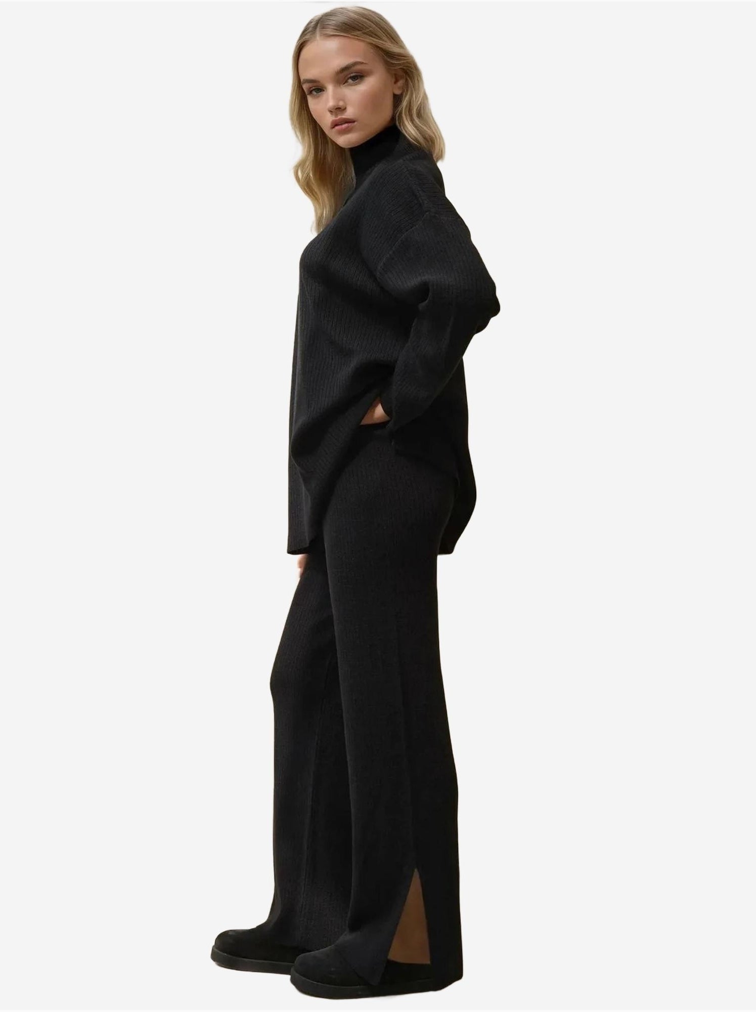 Ensemble en tricot taille haute avec col zippé - Noir