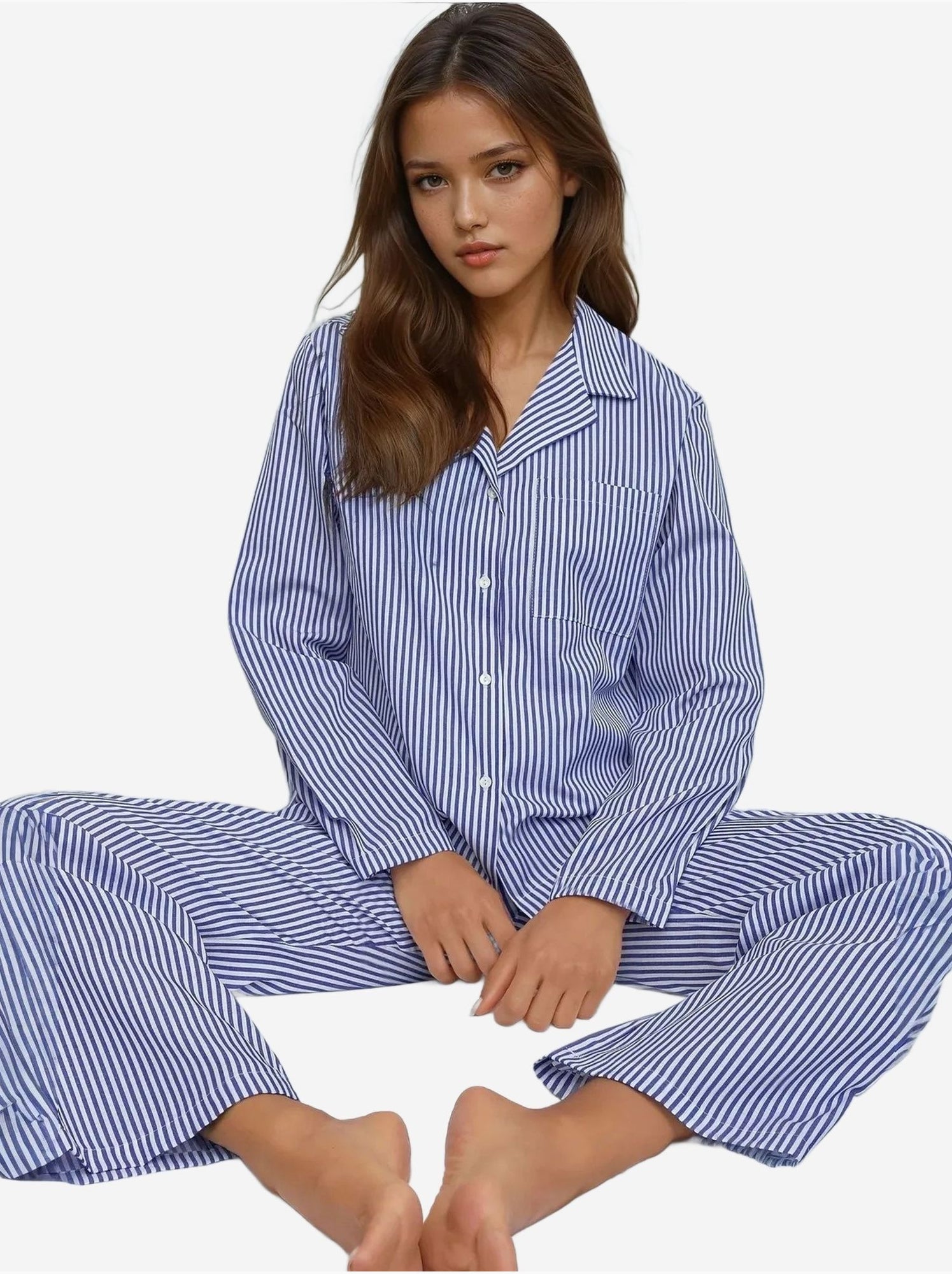 Ensemble pyjama en coton rayé - Bleu ciel