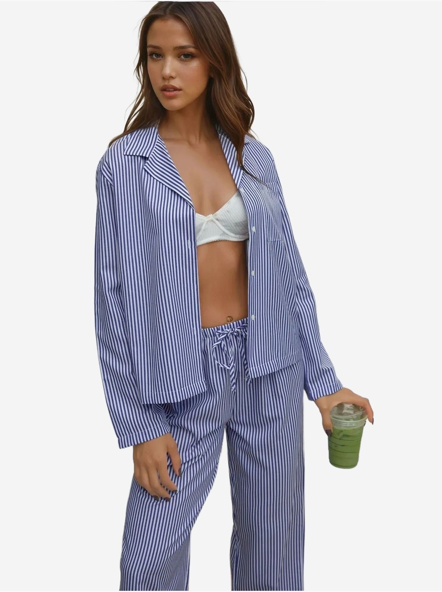 Ensemble pyjama en coton rayé - Bleu ciel