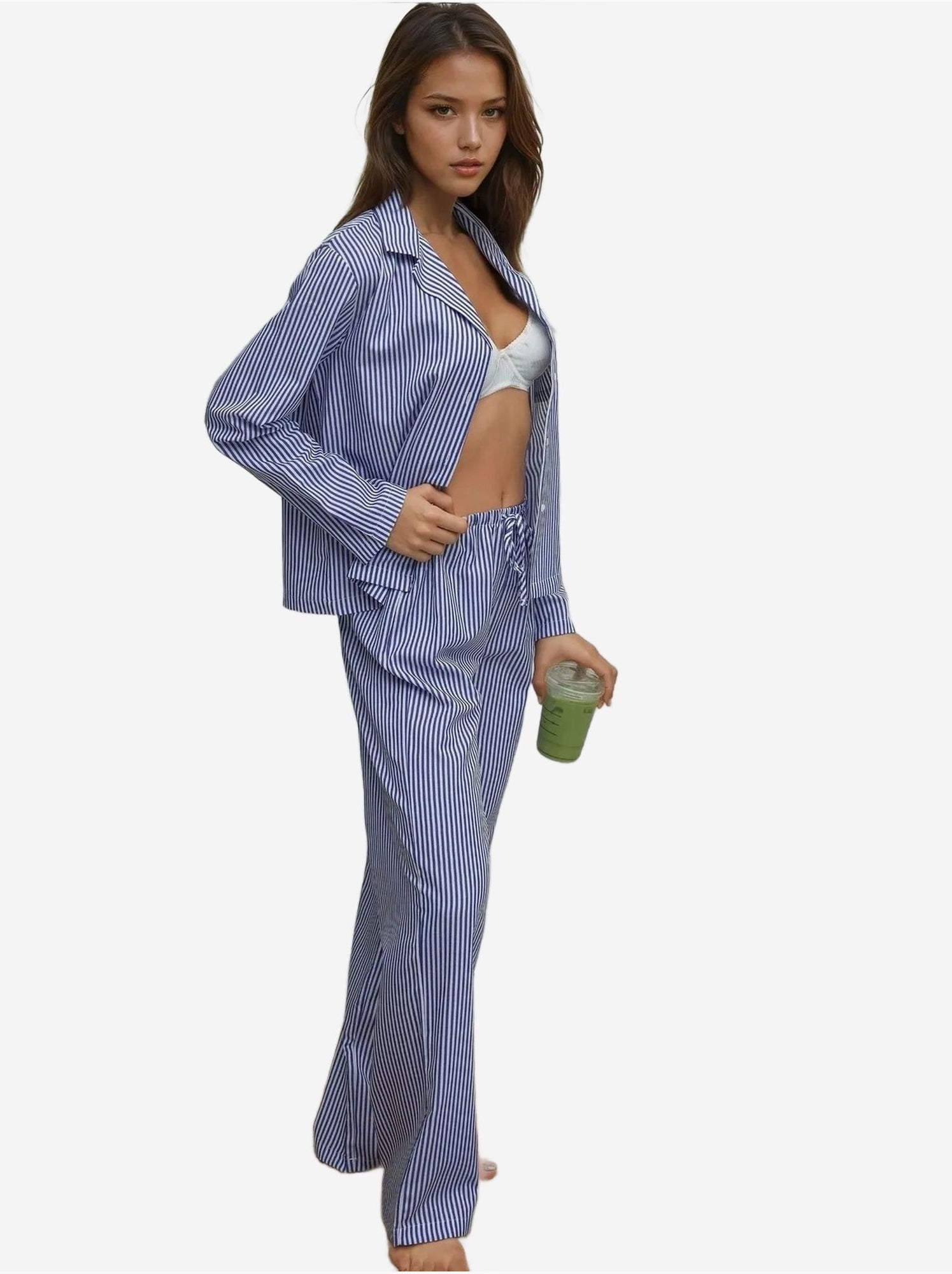 Ensemble pyjama en coton rayé - Bleu ciel