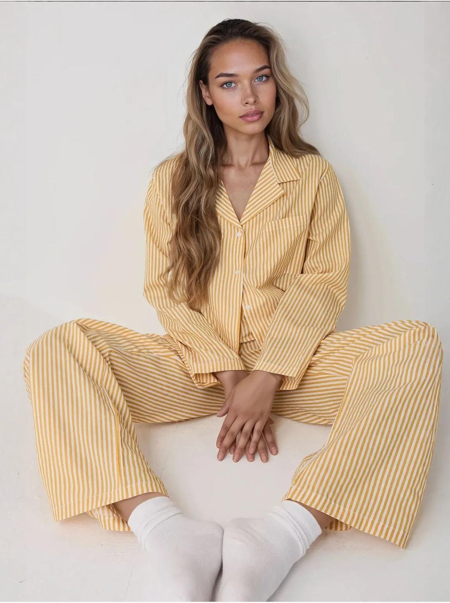 Ensemble pyjama en coton rayé - Jaune