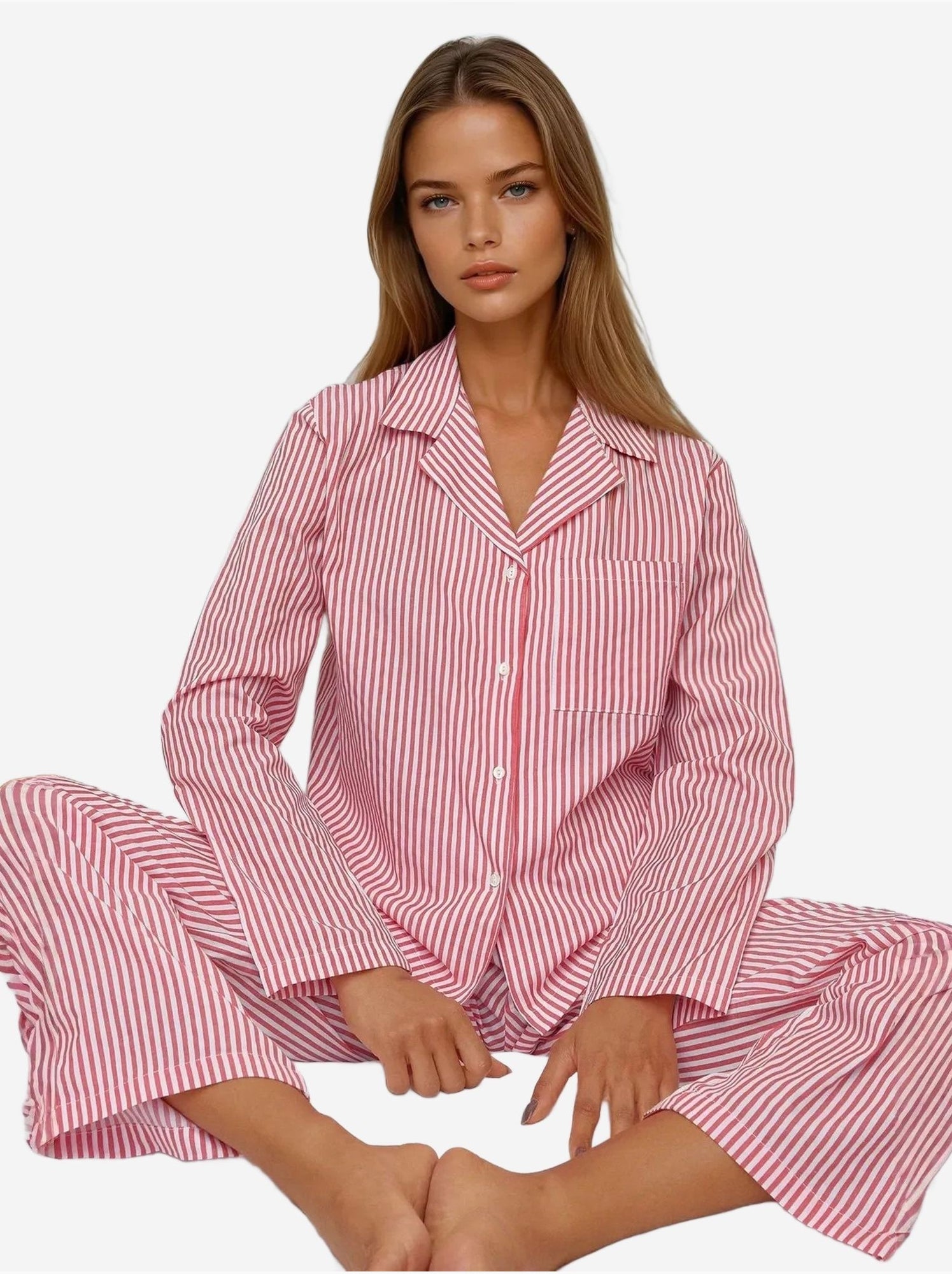 Ensemble pyjama en coton rayé - Rouge bordeaux