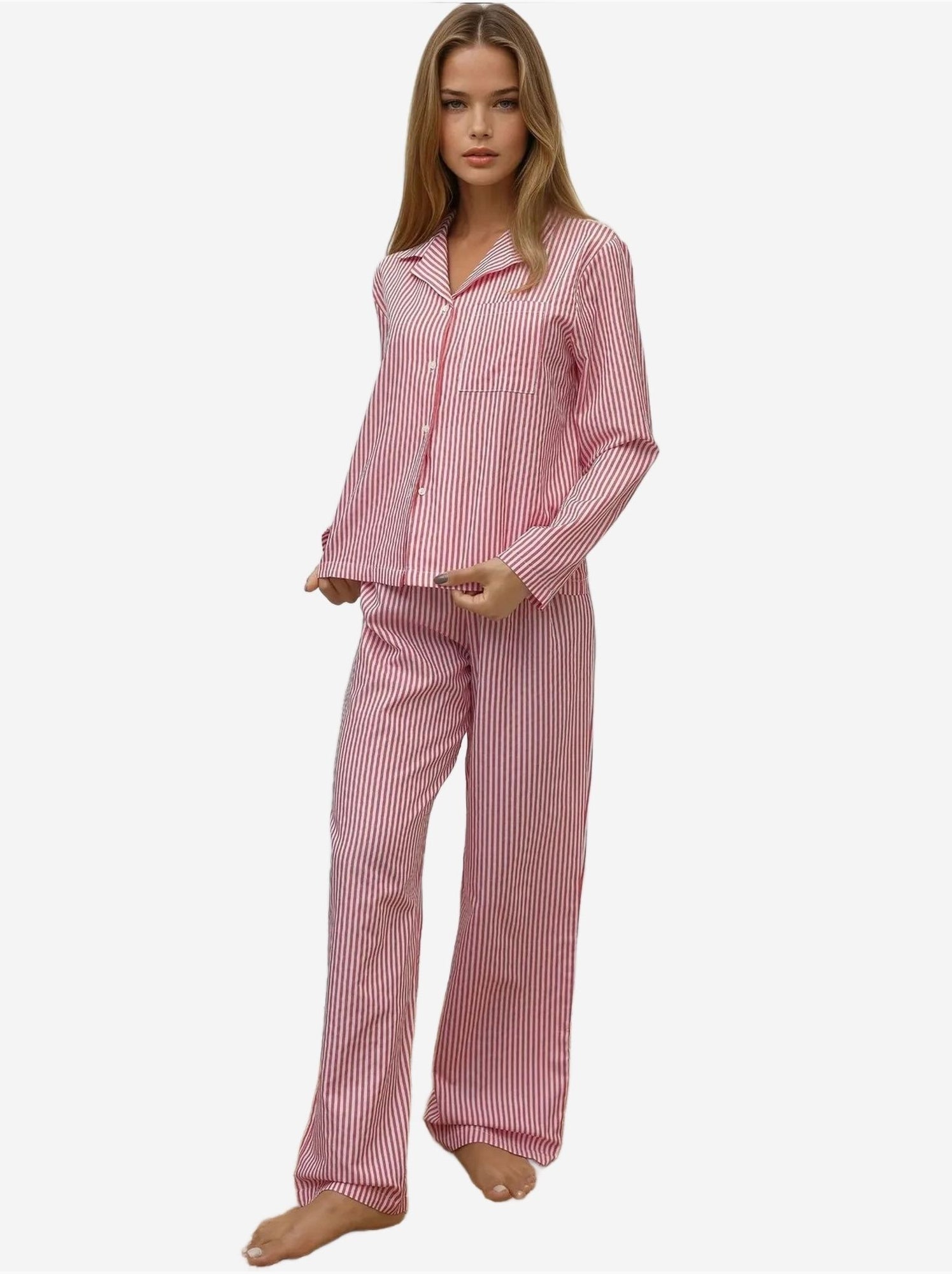Ensemble pyjama en coton rayé - Rouge bordeaux