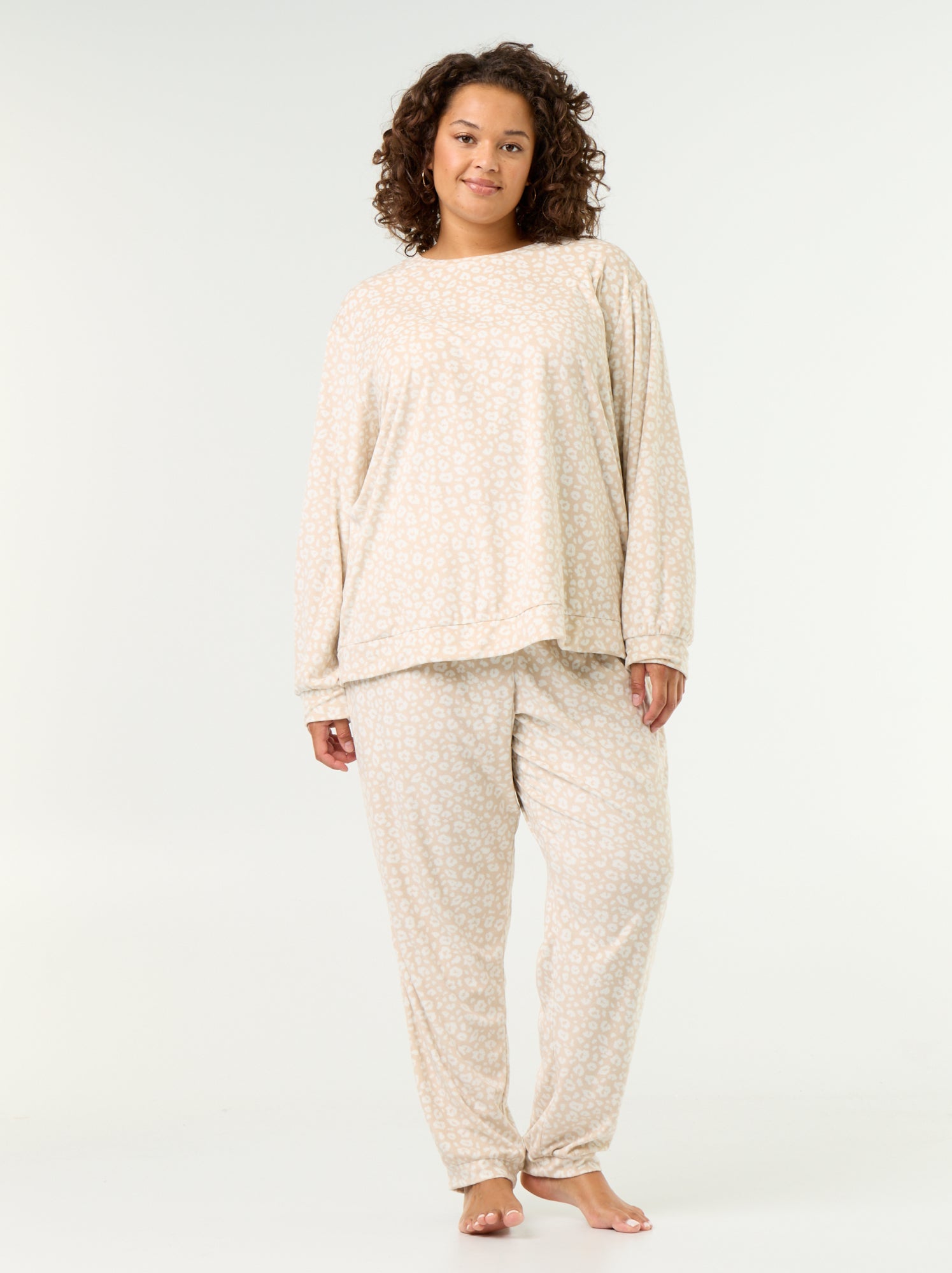 Ensemble pyjama long 2 pièces imprimé en polaire - Beige