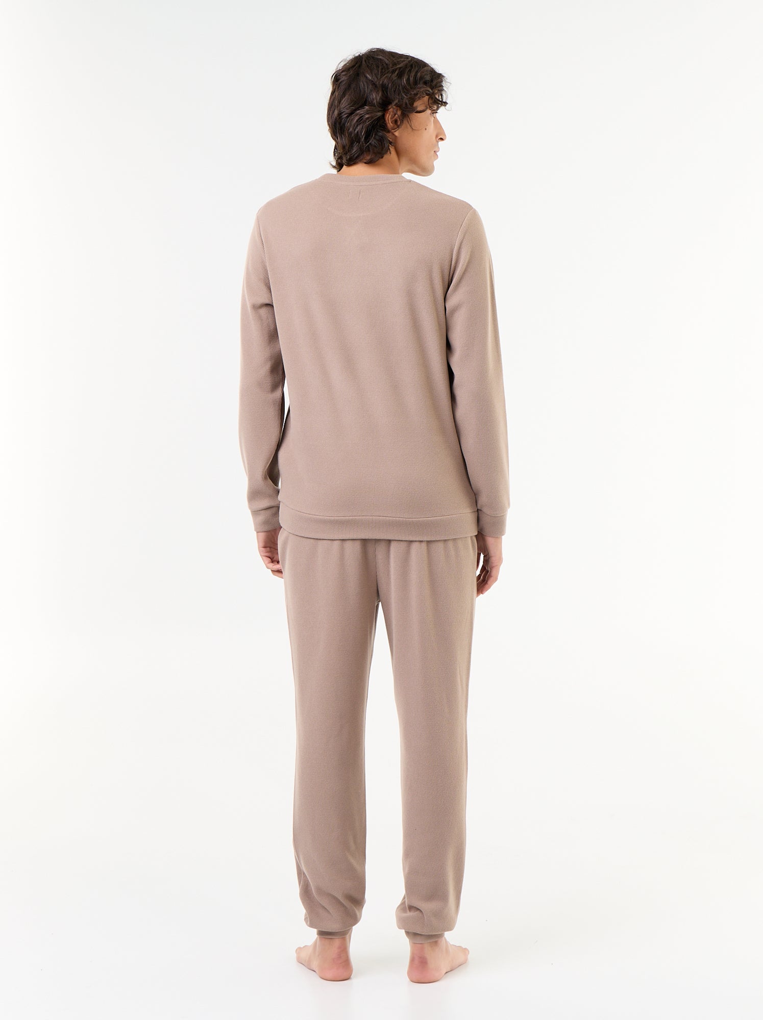 Ensemble pyjama long t-shirt + pantalon gaufrés - 2 pièces - Beige
